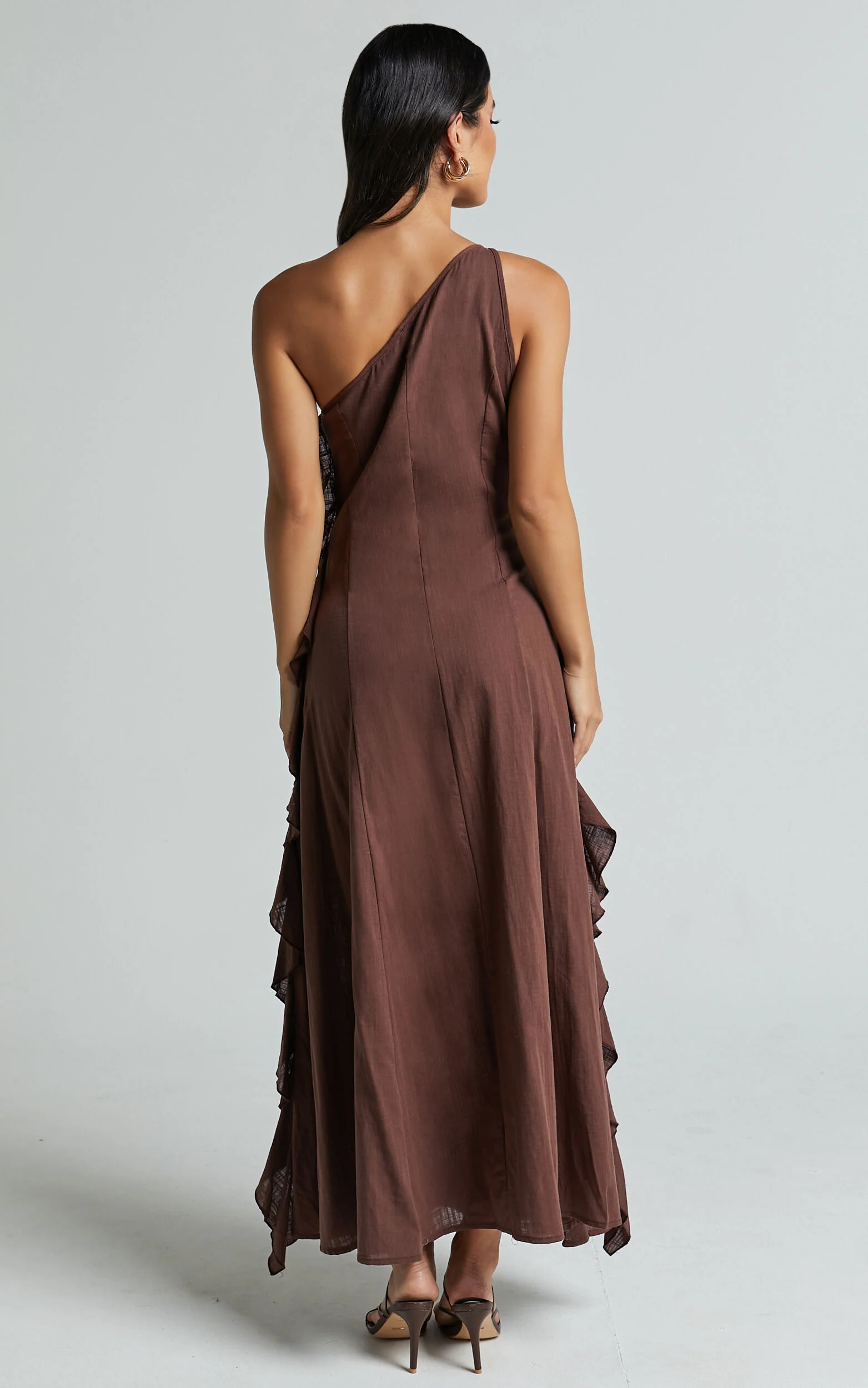 Britney Maxi Linen Dress - One Shoulder Ruffle Detail Dress in Chocolate