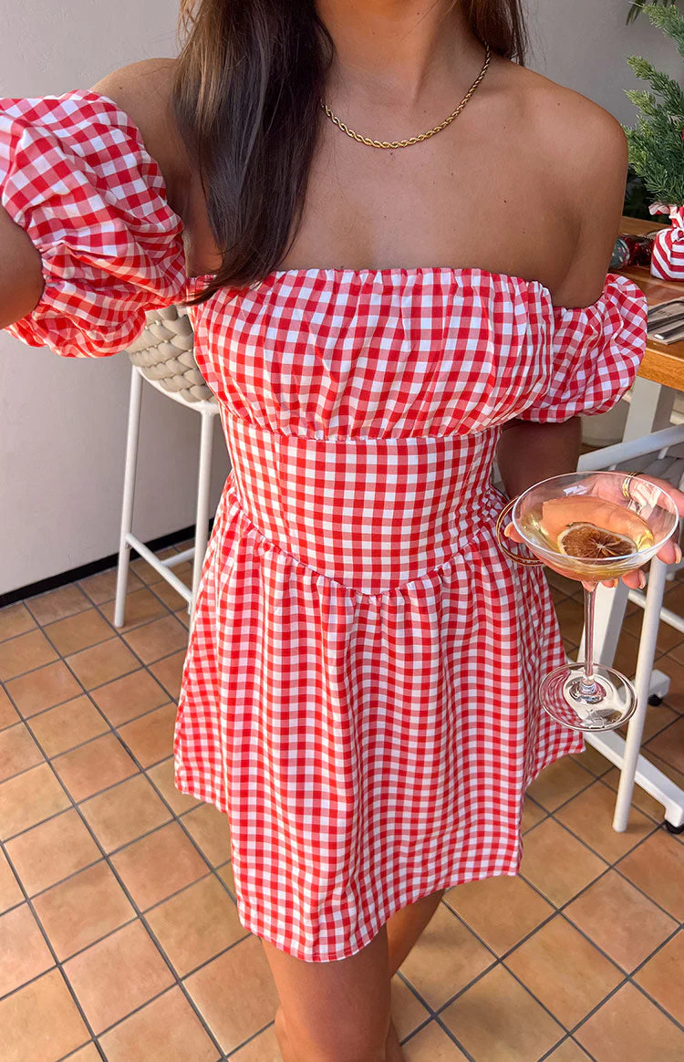 Love Lost Off The Shoulder Red Gingham Mini Dress