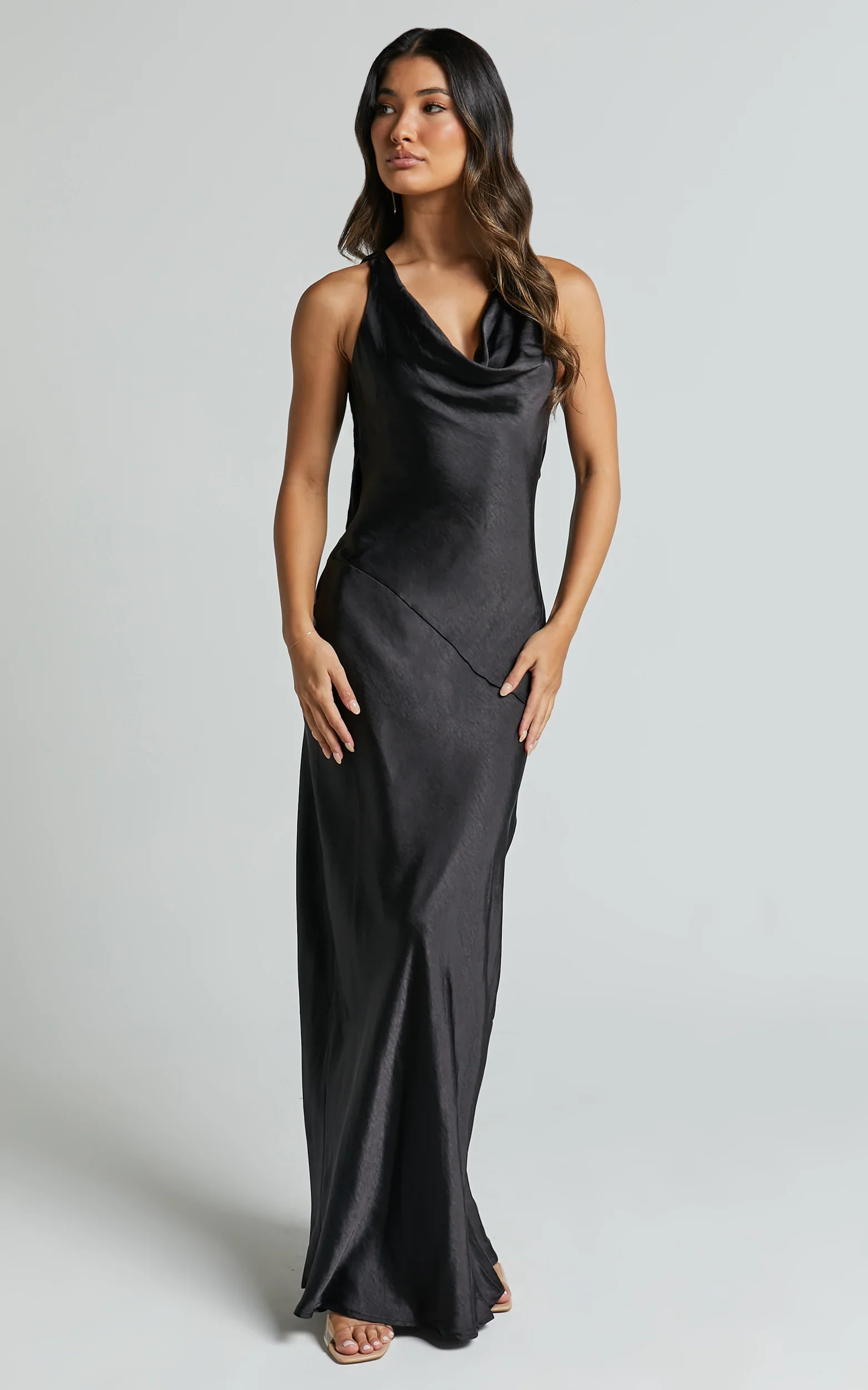 Adilah Maxi Dress - Cowl Neck Satin Dress in Black