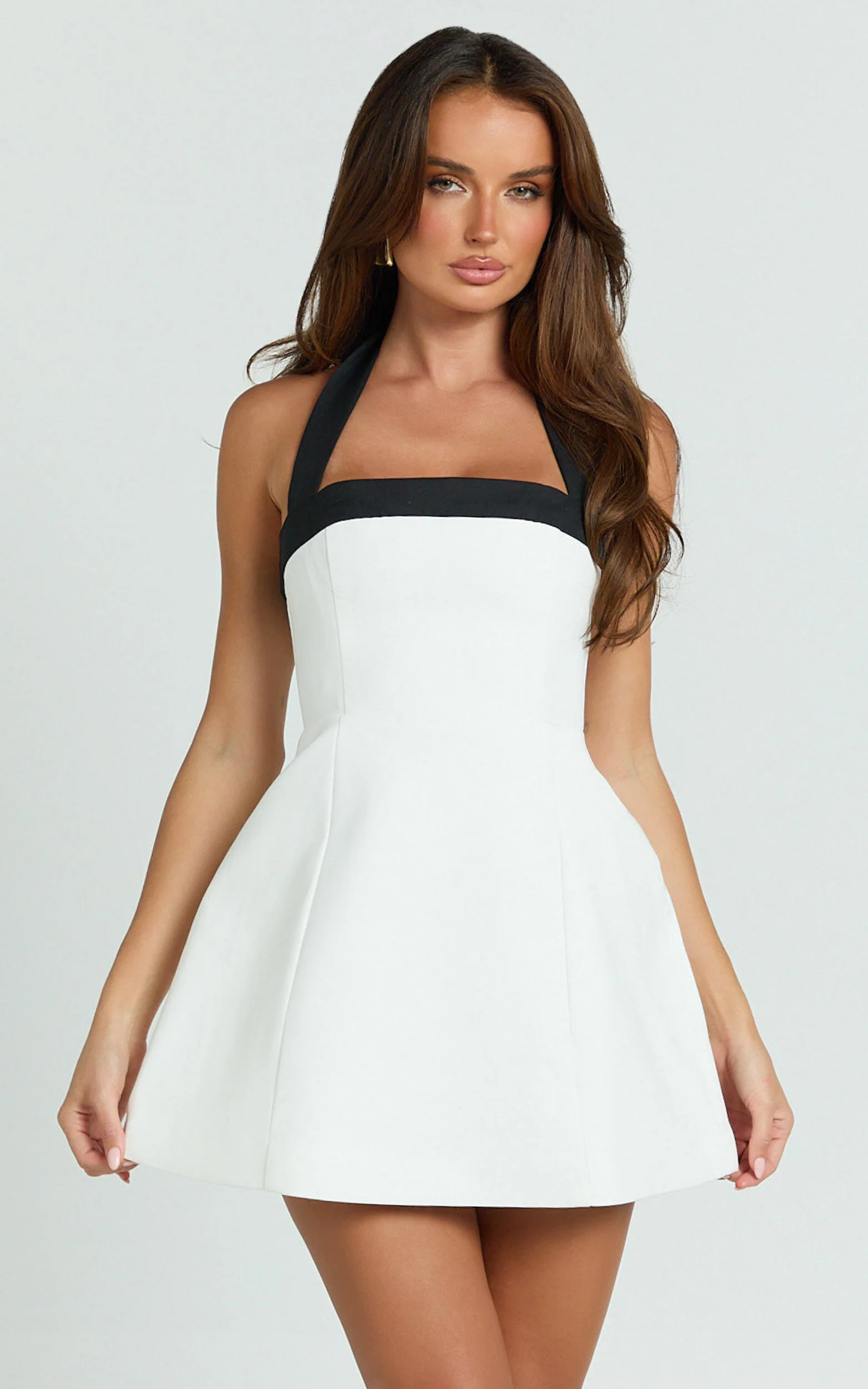 Broome Mini Dress - Contrast Halter Tie Tulip Skirt Dress in White/Black