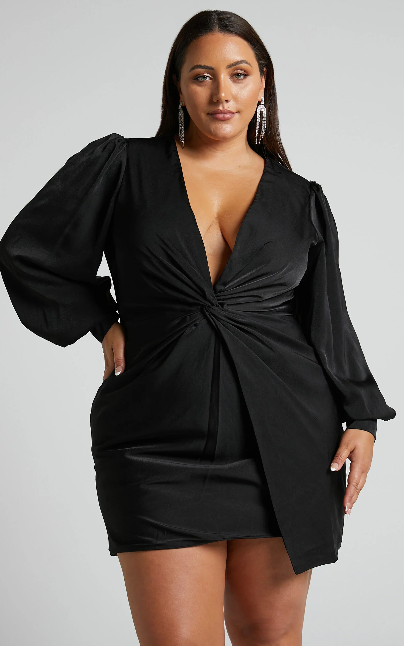 Billie Mini Dress - Twist Front Long Puff Sleeves Dress in Black