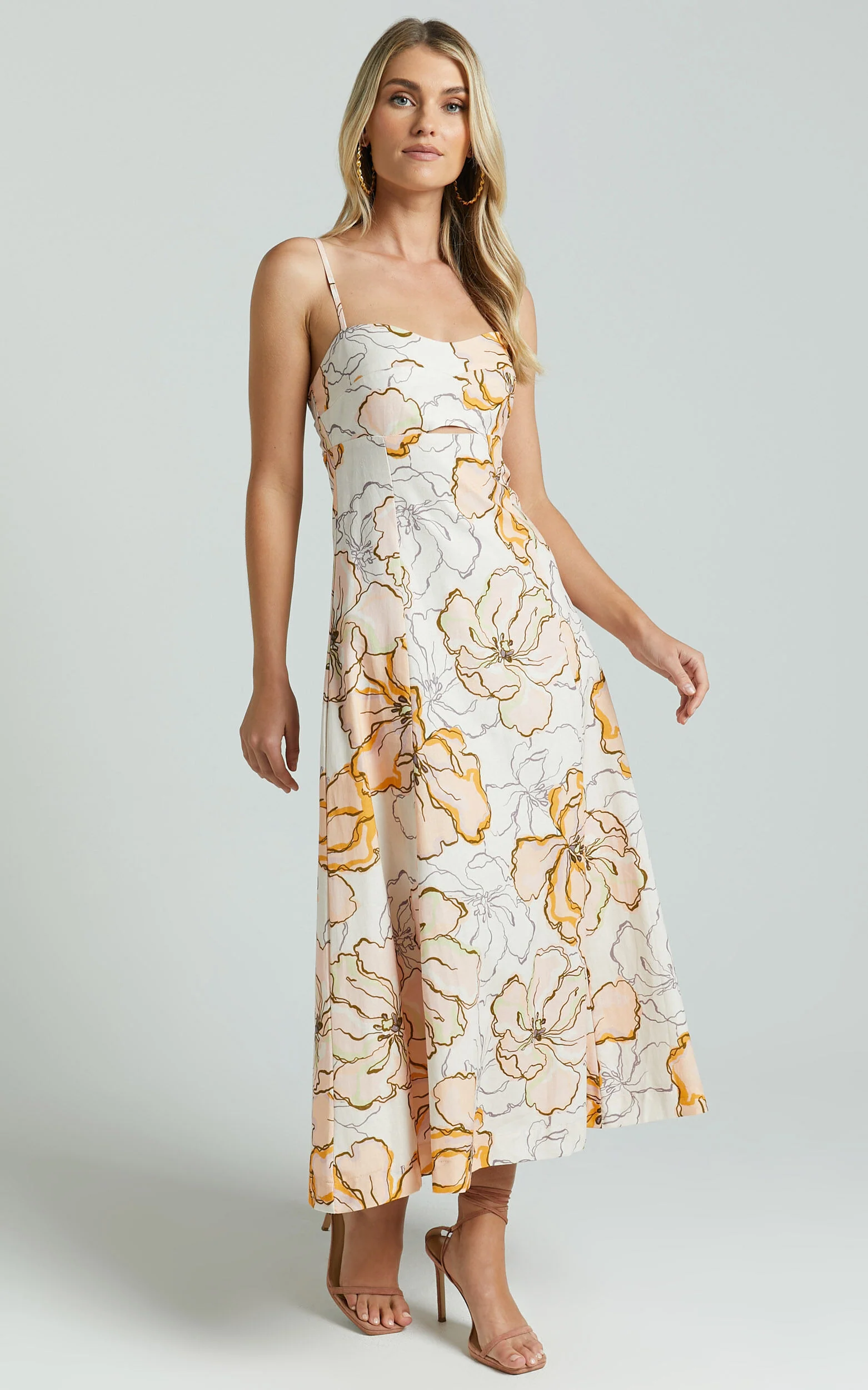Amalie The Label - Carietta Linen Blend Strappy Sweetheart Cut Out A Line Midi Dress in Maison Fleur