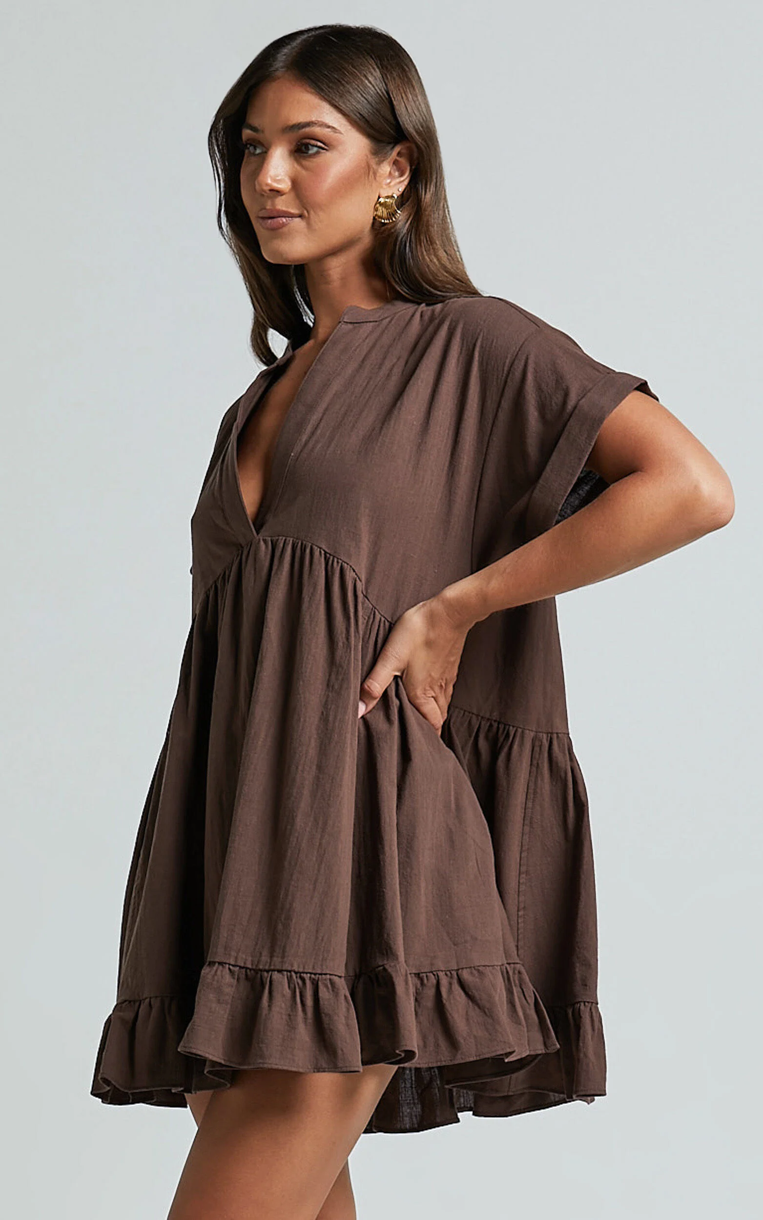 Calissa Mini Dress - Frill Hem Smock Dress in Chocolate