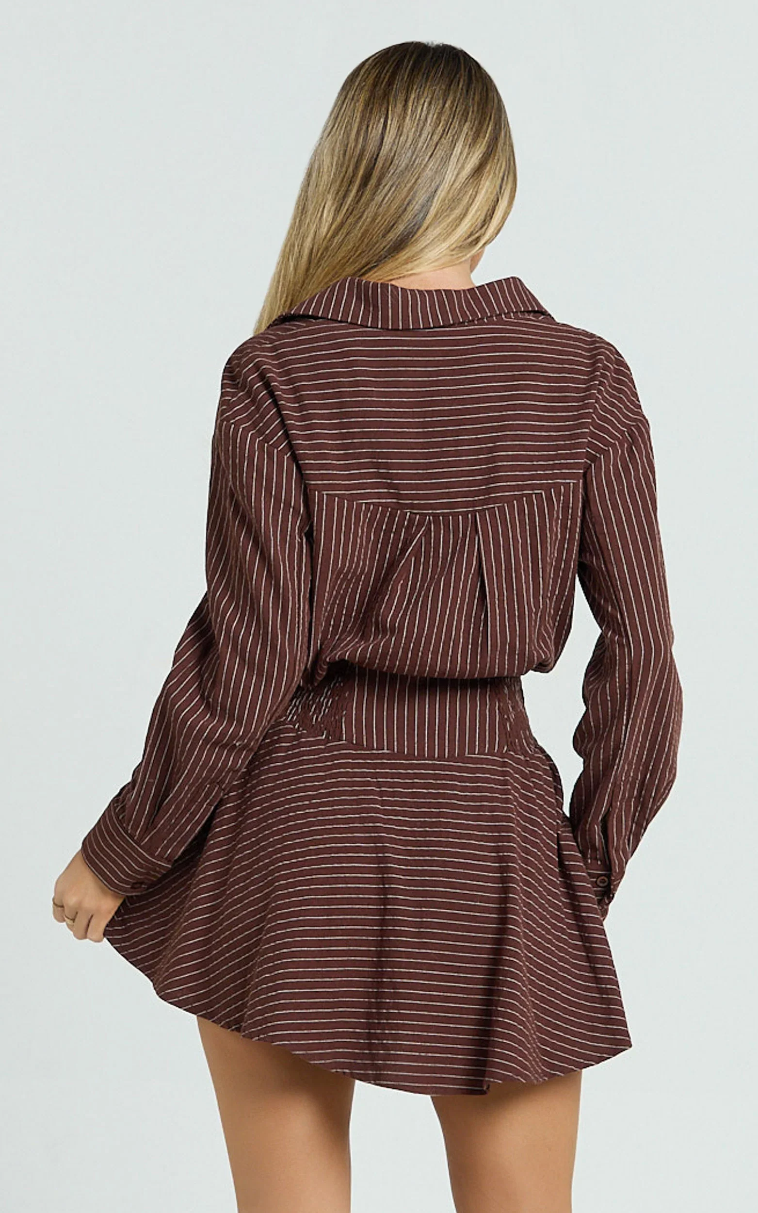 Whitney Mini Dress - Linen Long Sleeve Shirt Dress in Chocolate Pinstripe