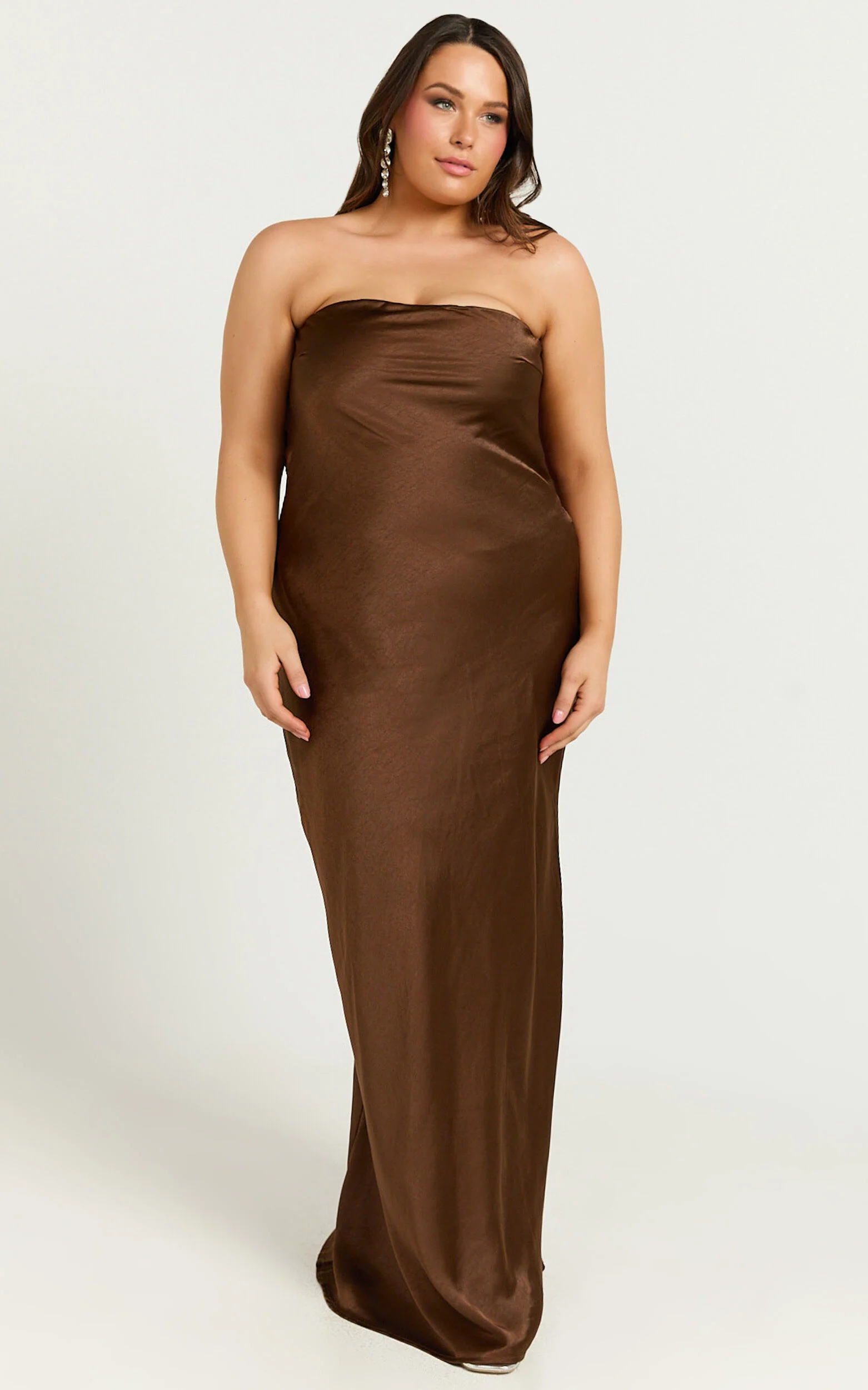 Charlita Maxi Dress - Strapless Cowl Back Satin Dress in Chocolate