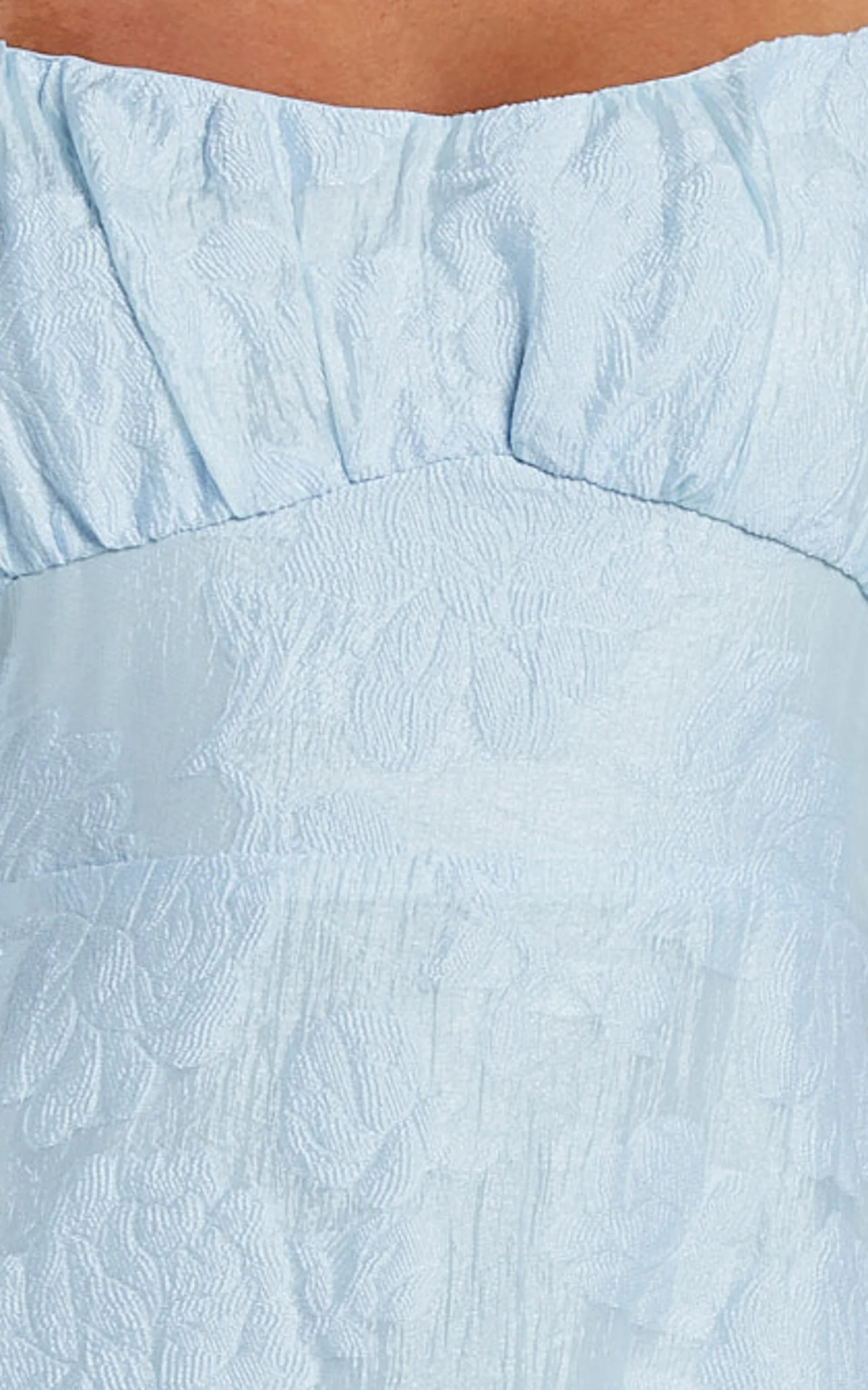 Jovena Midi Dress - Gathered Bodice Tiered Dress in Blue