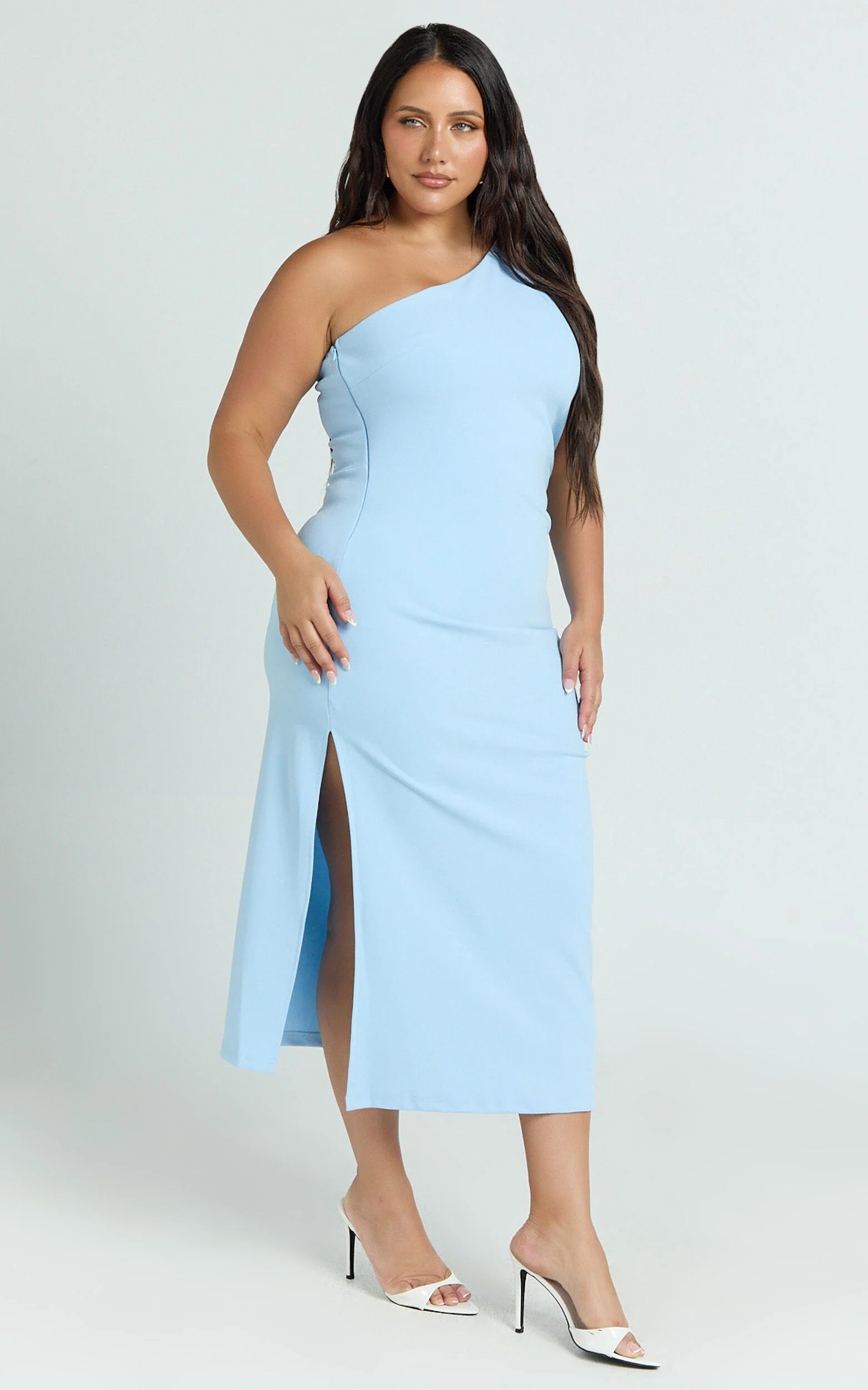 Monette Midi Dress - One Shoulder Straight Dress in Blue