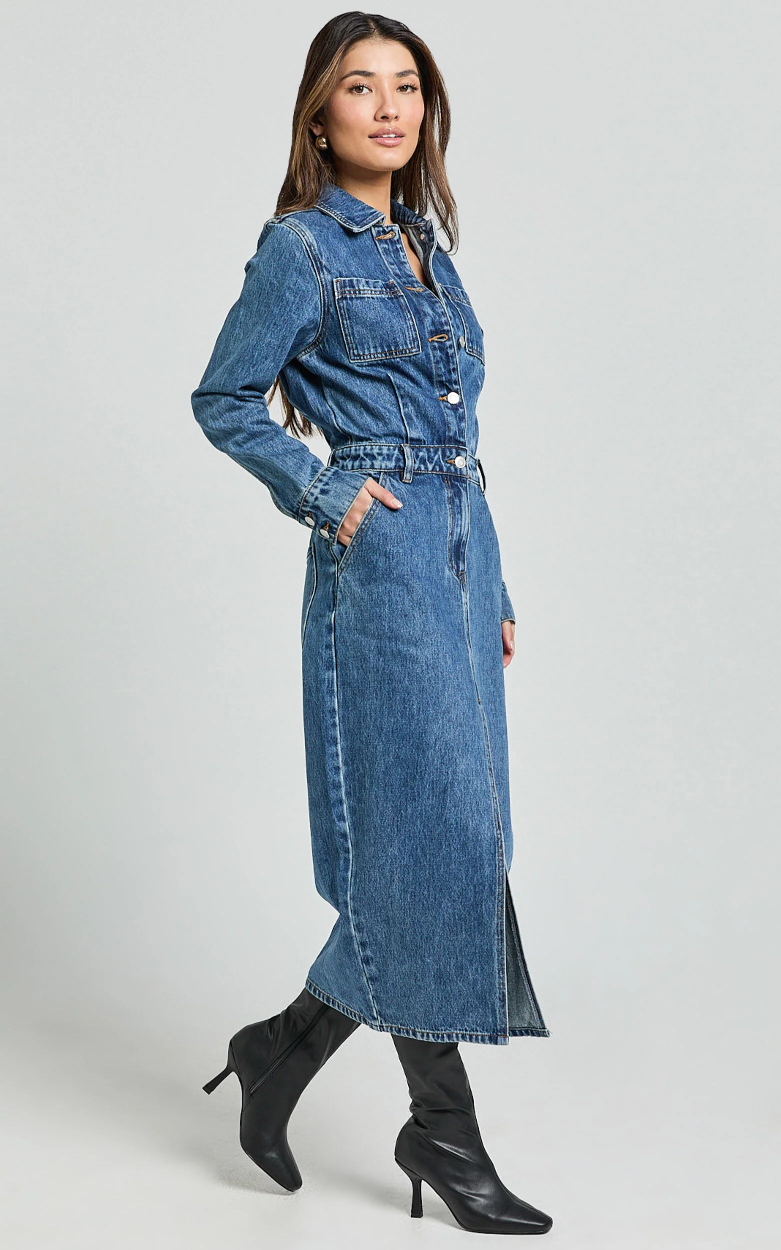 Alison Midi Dress - Long Sleeve Front Split Denim Dress in Mid Blue Wash