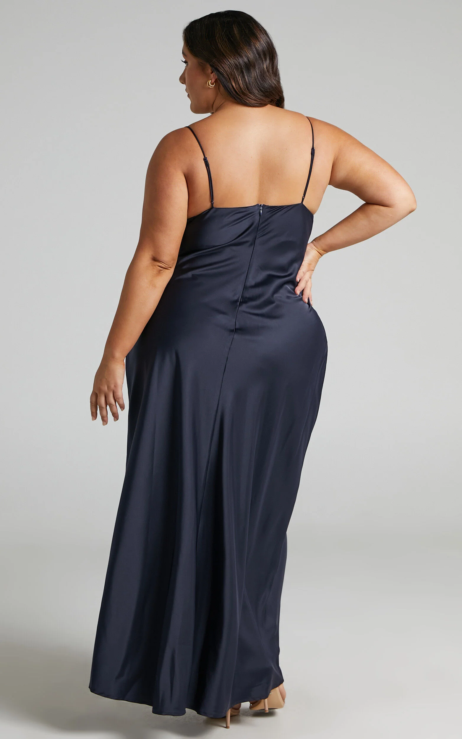 Cariela Midi Dress - Plunge Neck Satin Dress in Navy