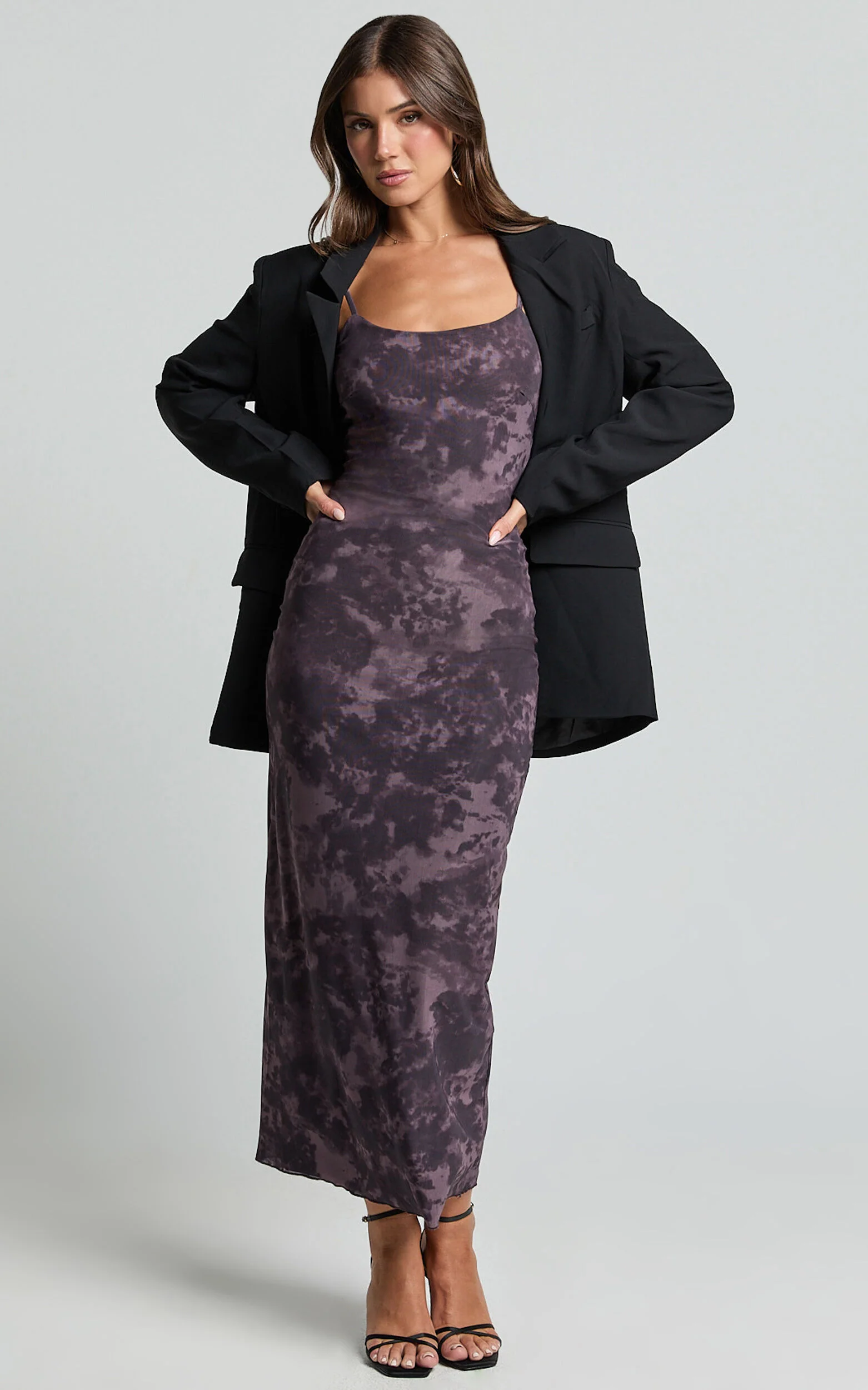 Teagan Midi Dress - Strappy Mesh Slip Dress in Plum