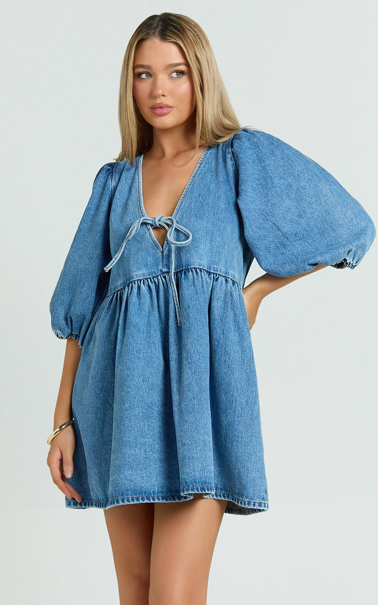 Shailene Mini Dress - Tie Front Puff Sleeve Recycled Denim Dress in Mid Blue Wash