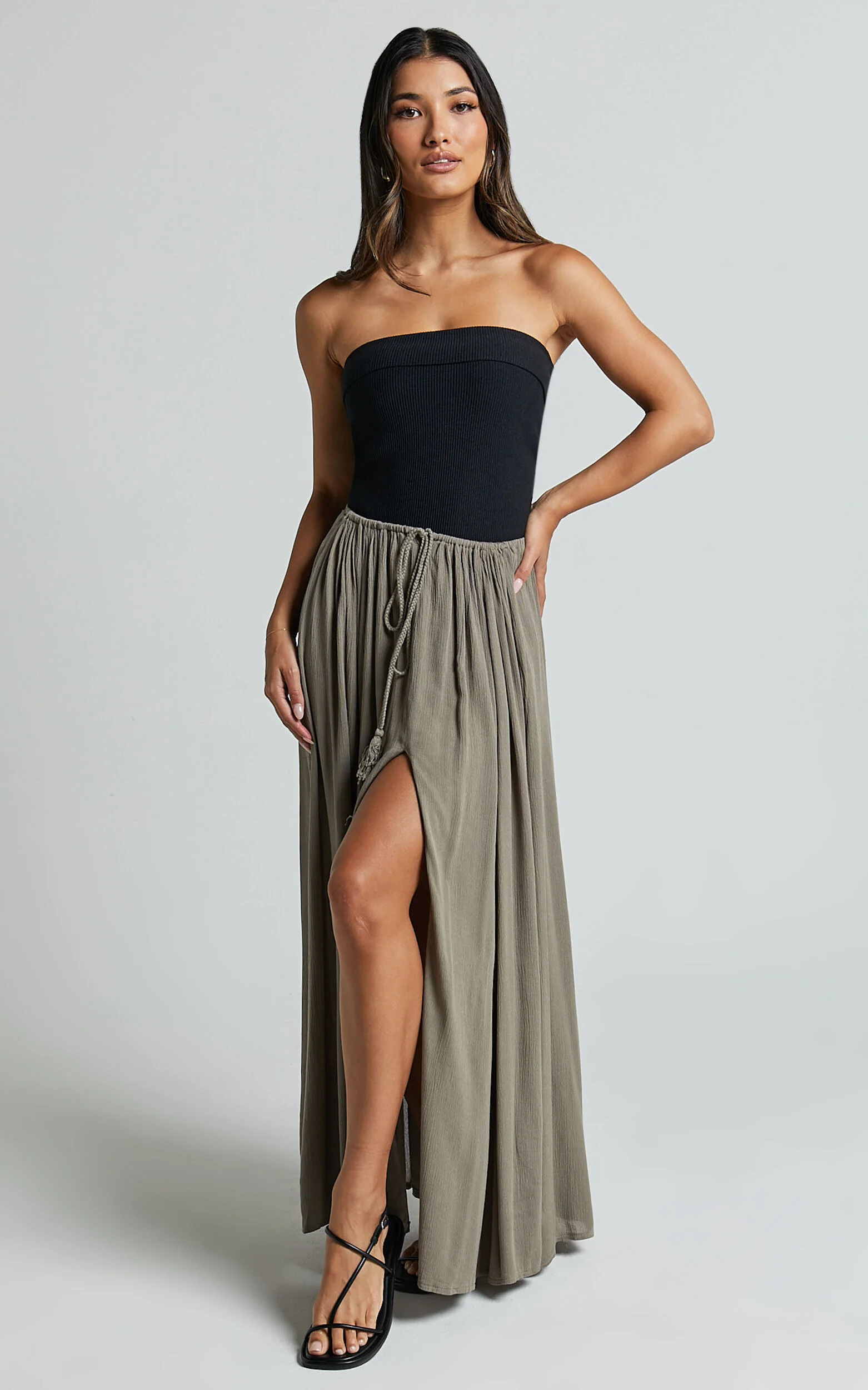 Under The Twilight Maxi Skirt - Thigh Split Skirt in Olive