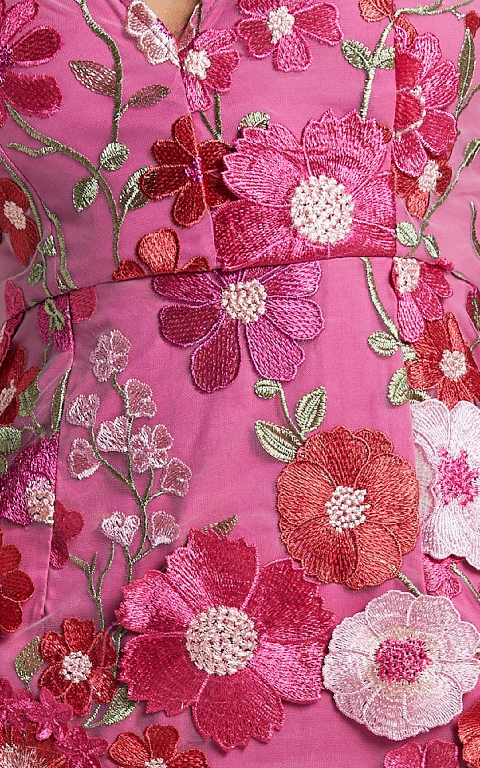 Wren Mini Dress - Puff Sleeve Bodycon 3d Garden Flowers Dress in Magenta