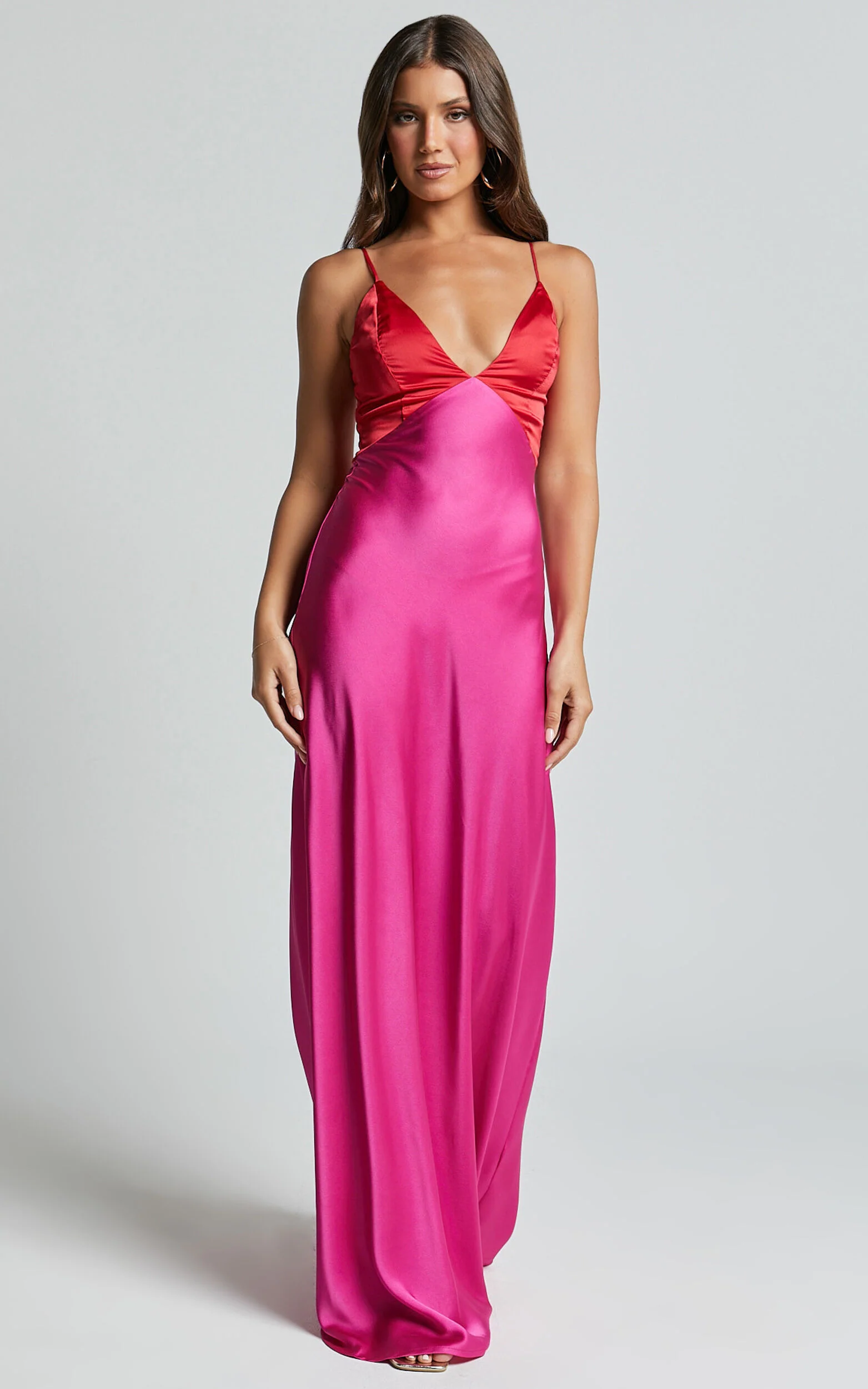 Quincy Maxi Dress - Satin Slip Dress in Pink/Red