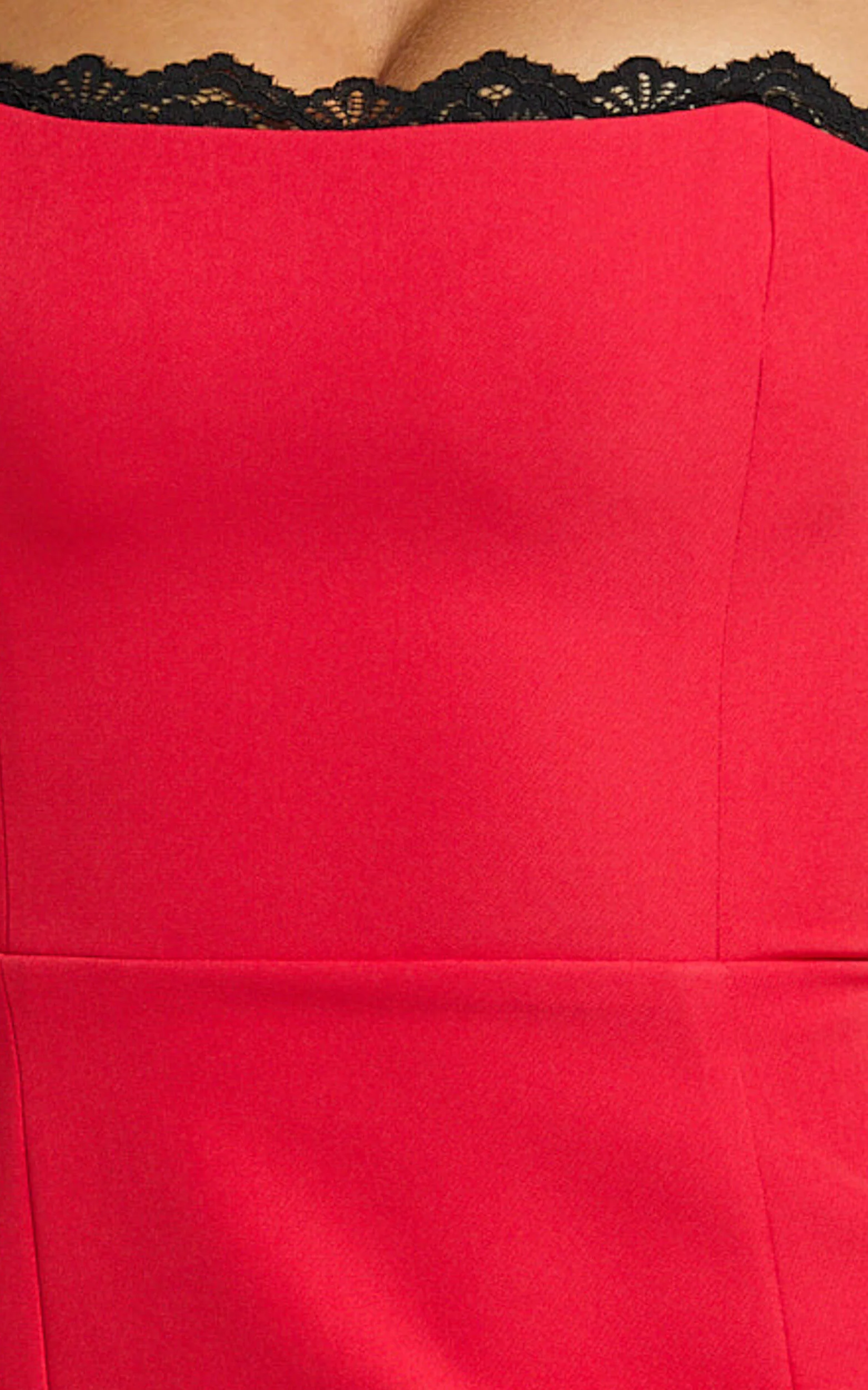 Richelle Midi Dress - Strappy Contrast Lace Straight Neck Fitted Side Leg Split Dress in Red