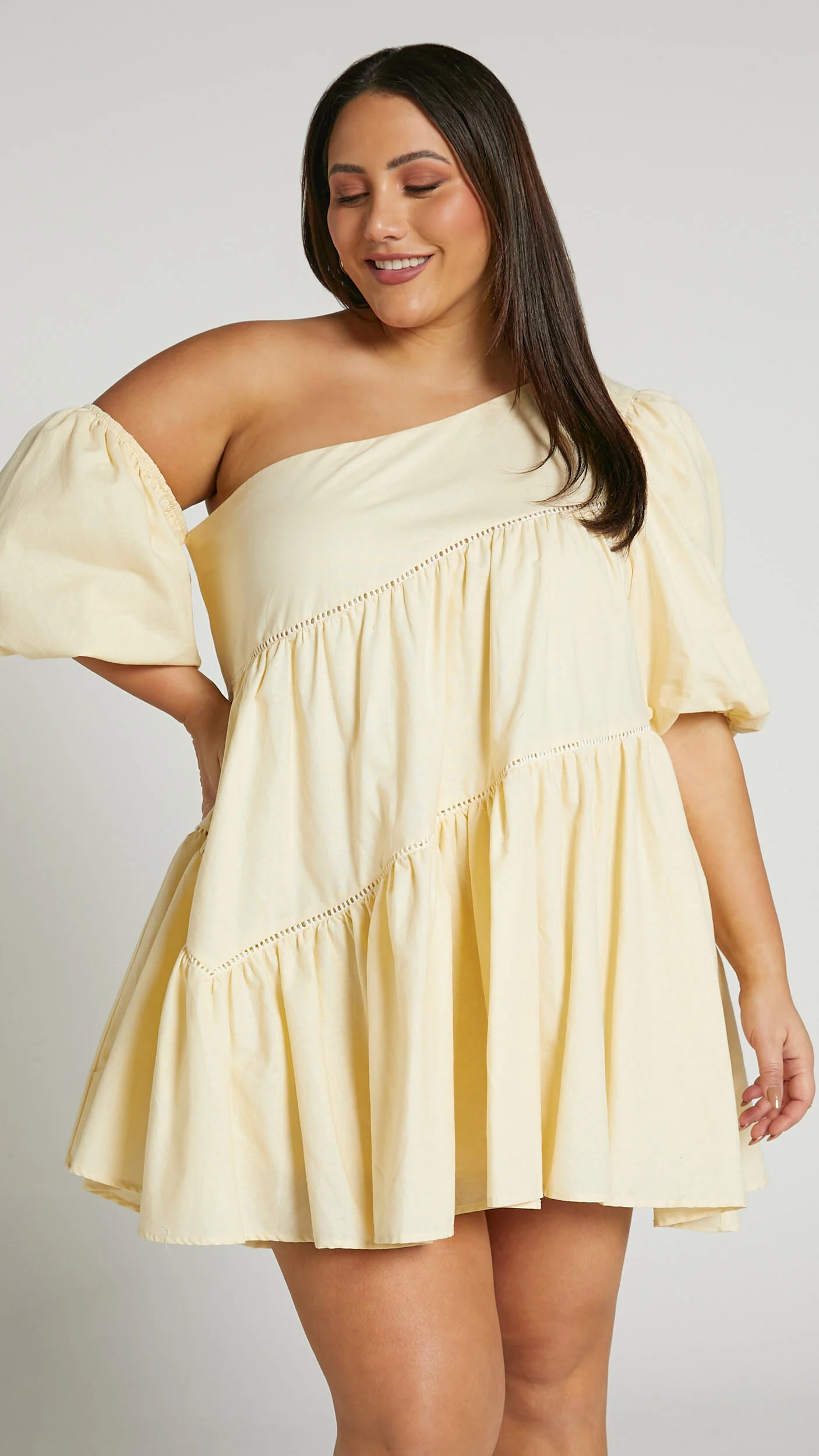 Harleen Mini Dress - Linen Asymmetrical Trim Puff Sleeve Dress in Beige