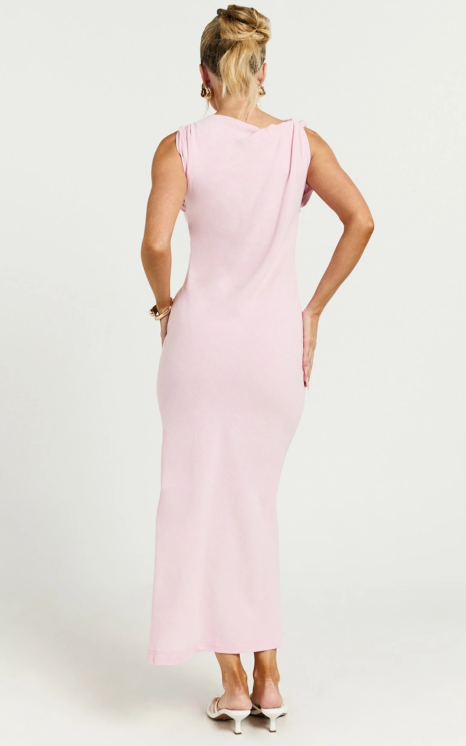Jessenia Midi Dress - Linen High Neck Dress in Soft Pink