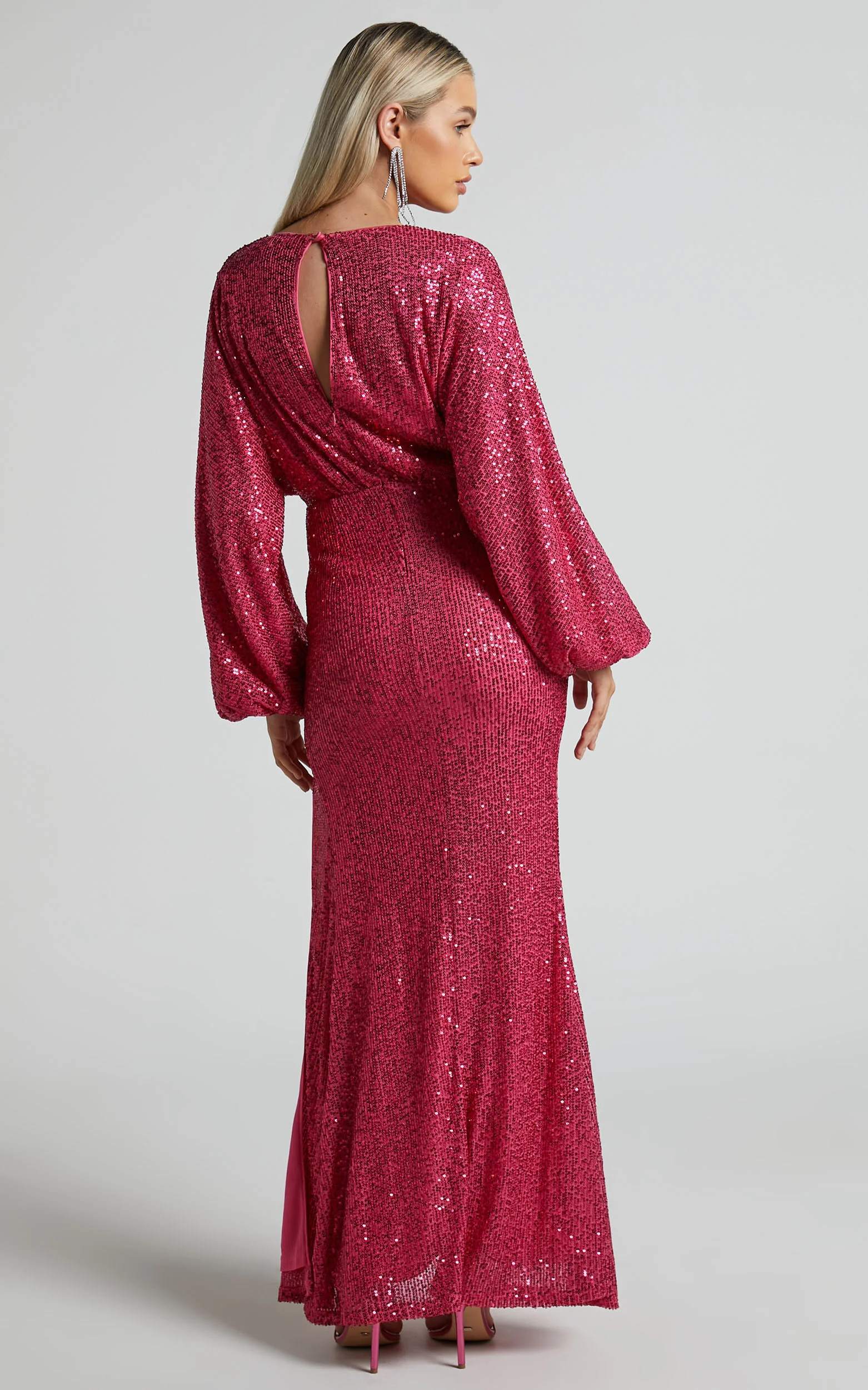 Arlington Midi Dress - Sequin Long Sleeve Dress in Hot Pink