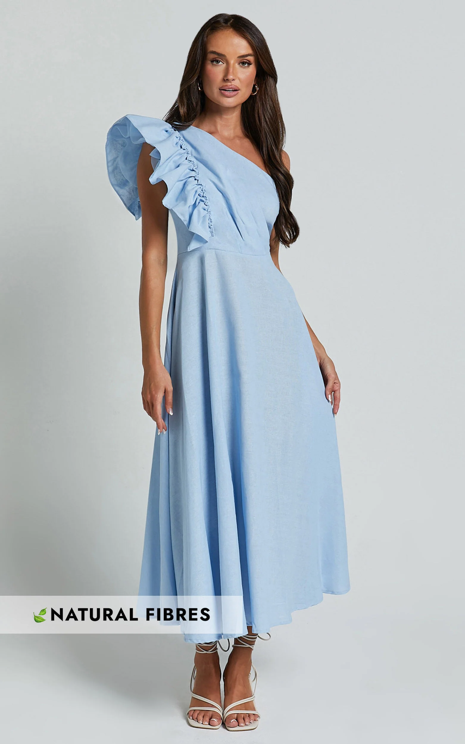 Dixie Midi Dress - Linen Look One Shoulder Ruffle Dress in Blue