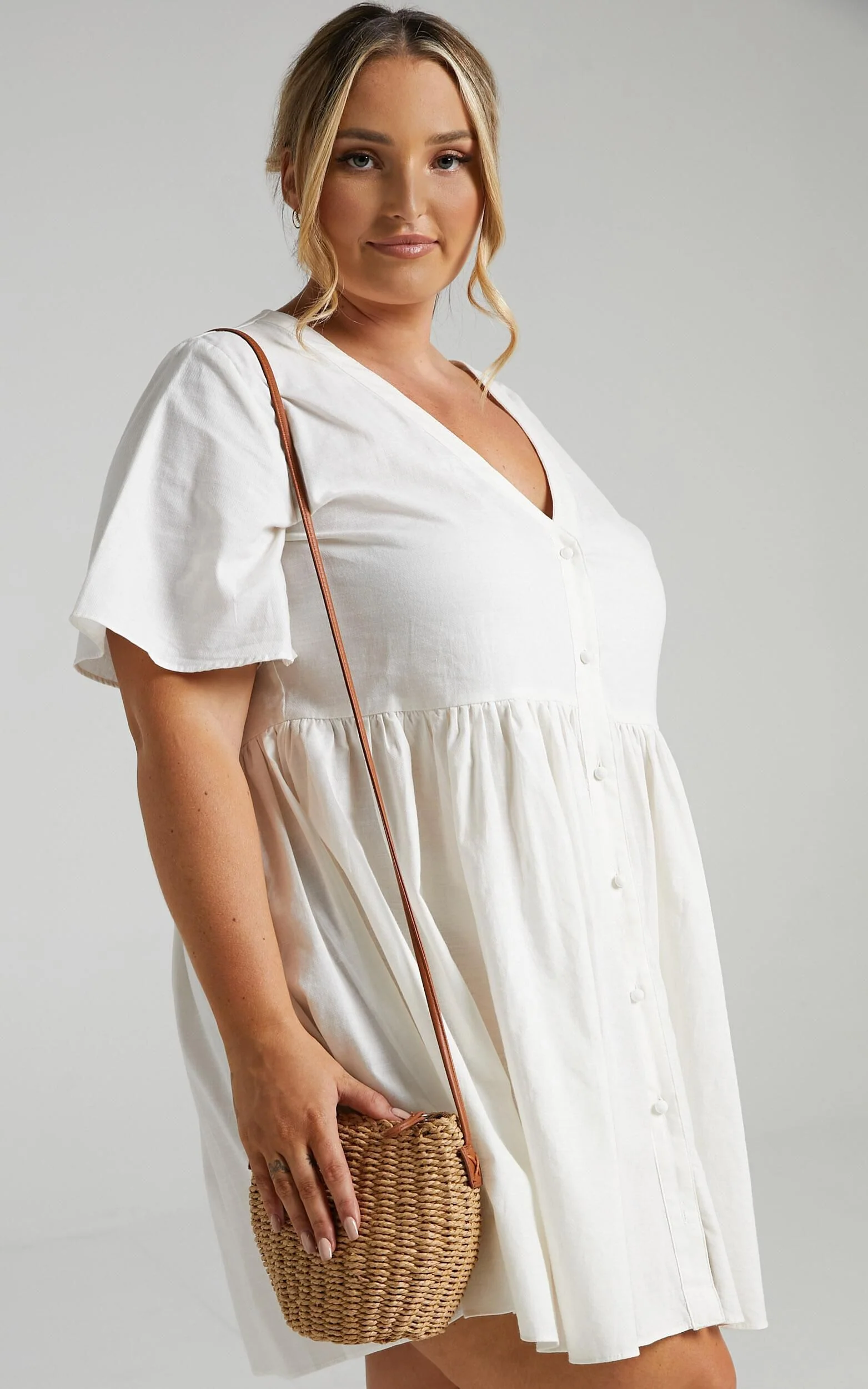Staycation Mini Dress - Smock Button Up Dress in White