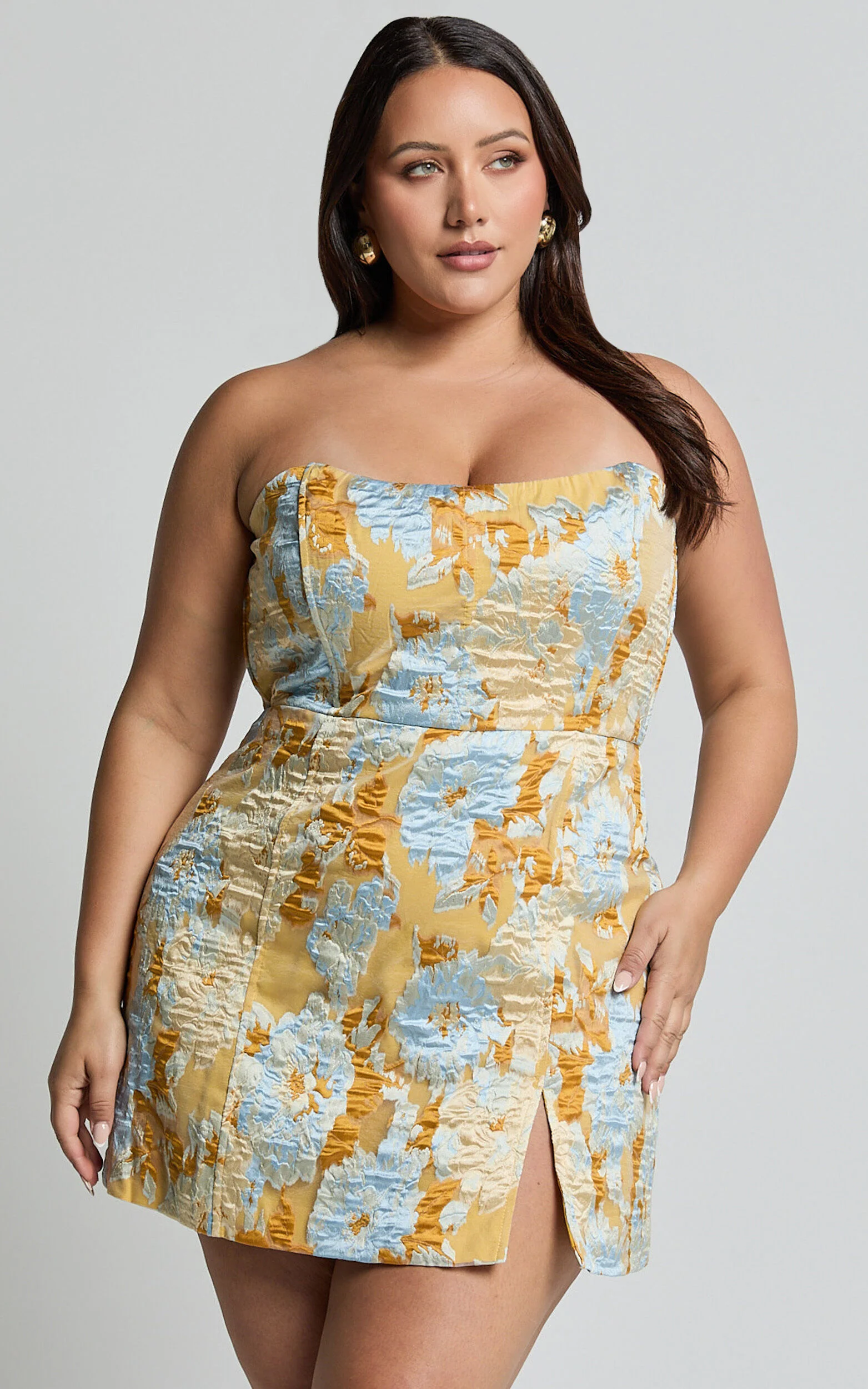 Brailey Mini Dress - Strapless Dress in Blue Jacquard