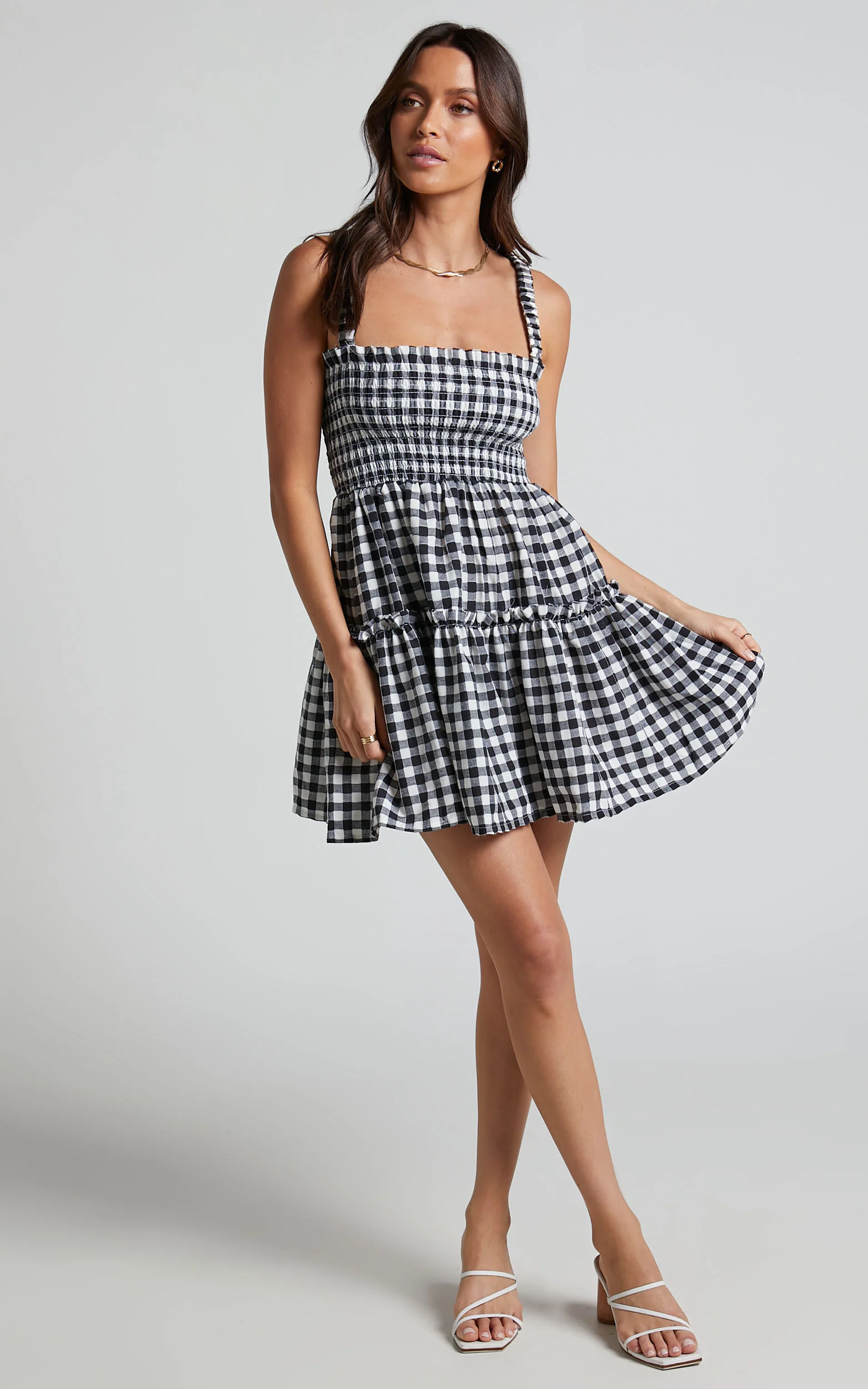 Wilda Mini Dress - Shirred Tiered Dress in Black and White Check