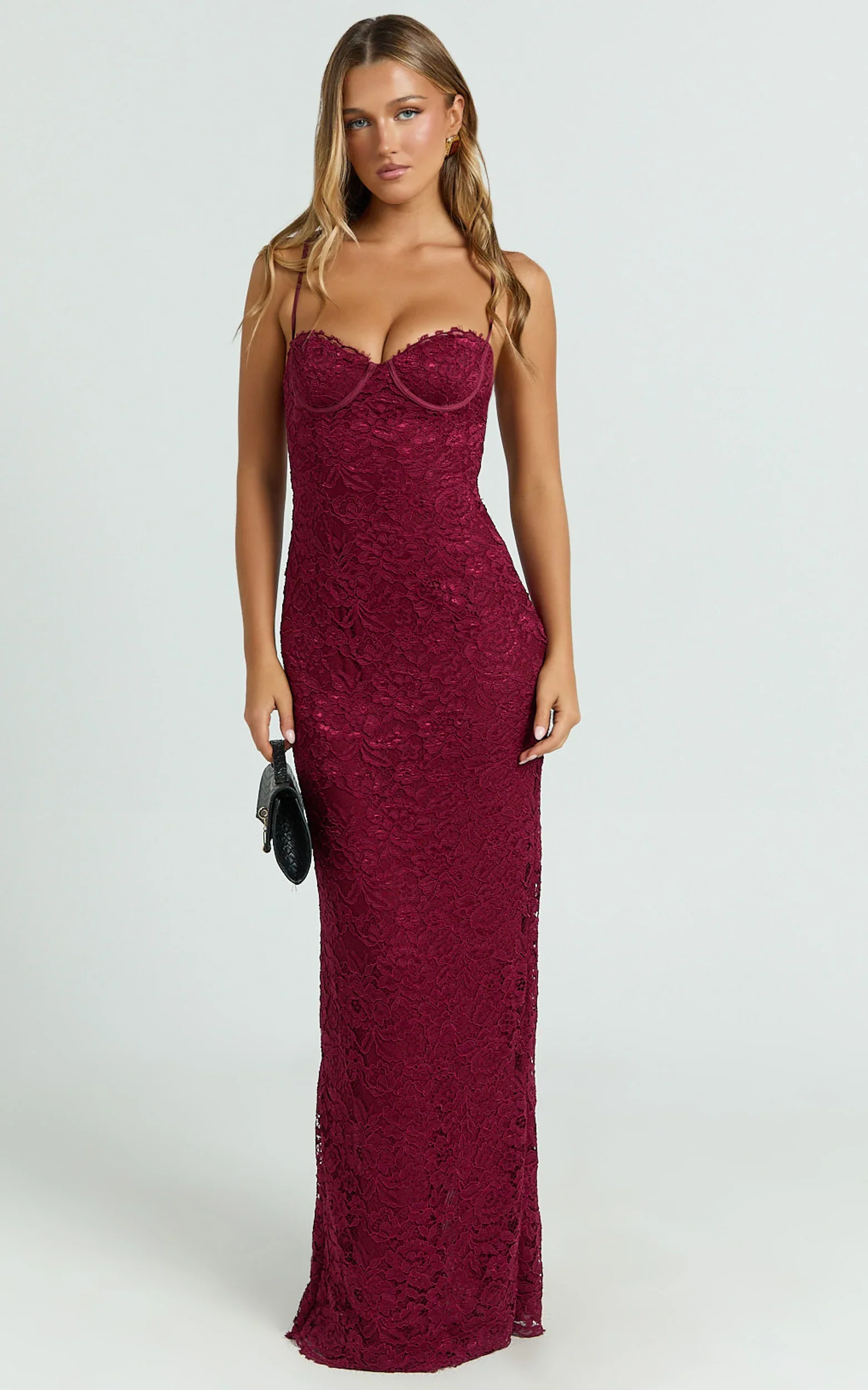 Carli Maxi Dress - Adjustable Strap Corset Bodycon Lace Dress in Wine