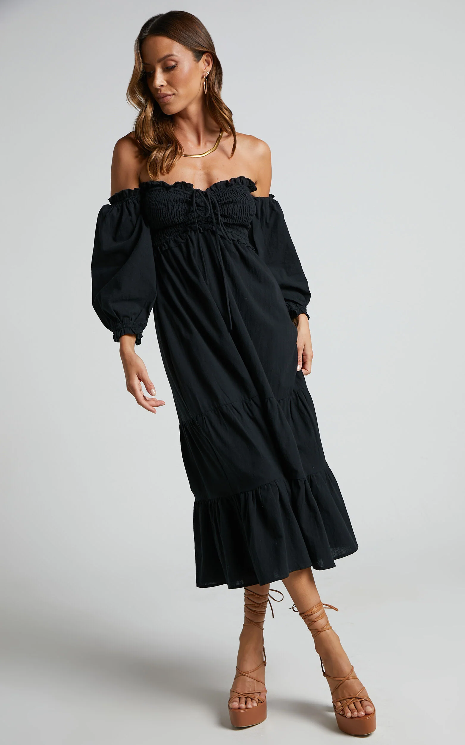 Nikka Midi Linen Dress - Shirred Off Shoulder Puff Sleeve Dress in Black