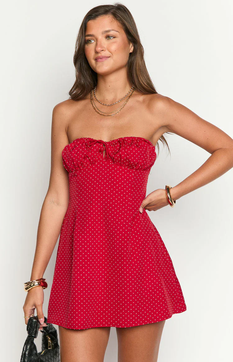 Faith Red Polka Dot Strapless Mini Dress