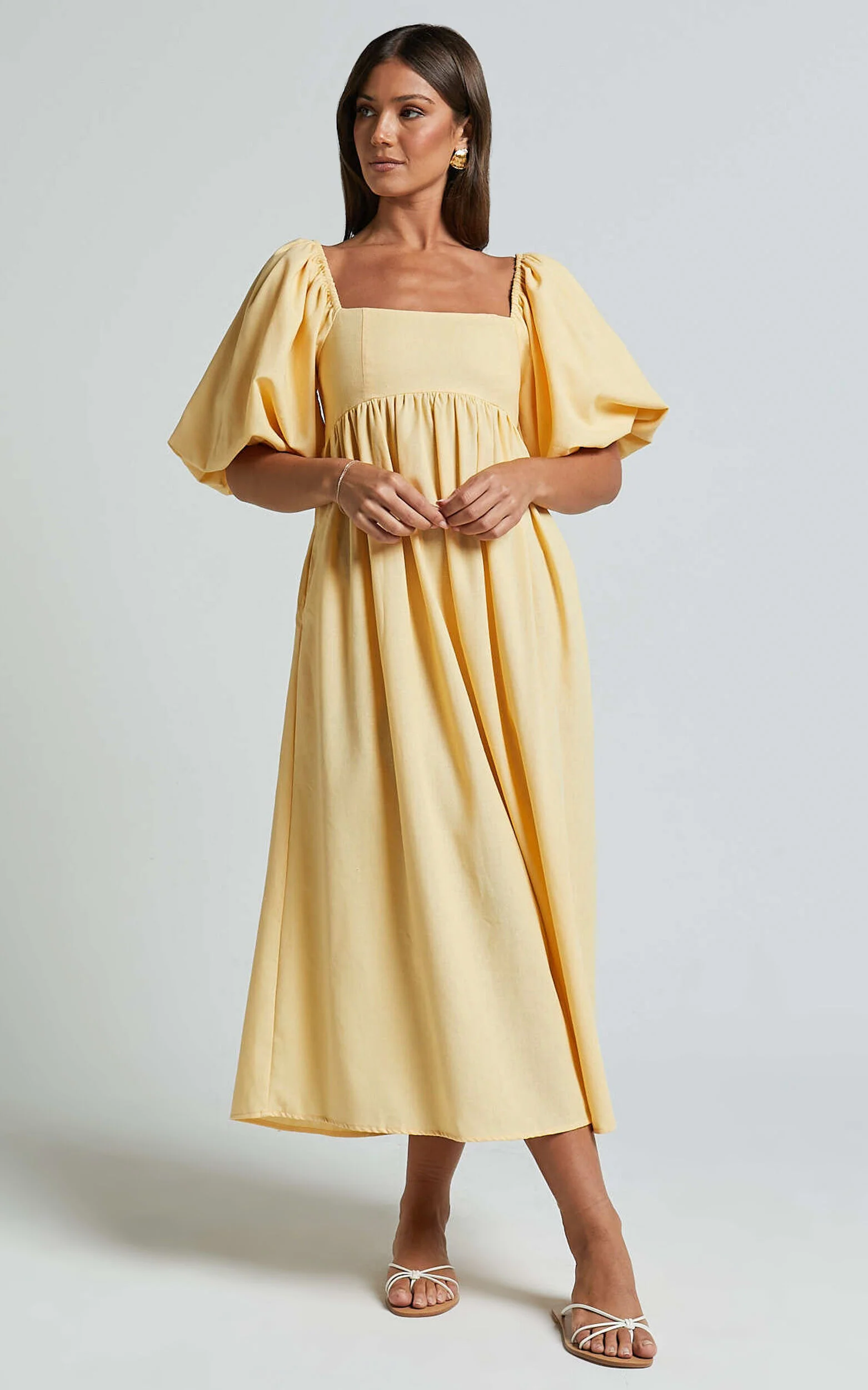 Cenia Midi Dress - Linen Straight Neck Shirred Back Puff Sleeve Dress in Lemon
