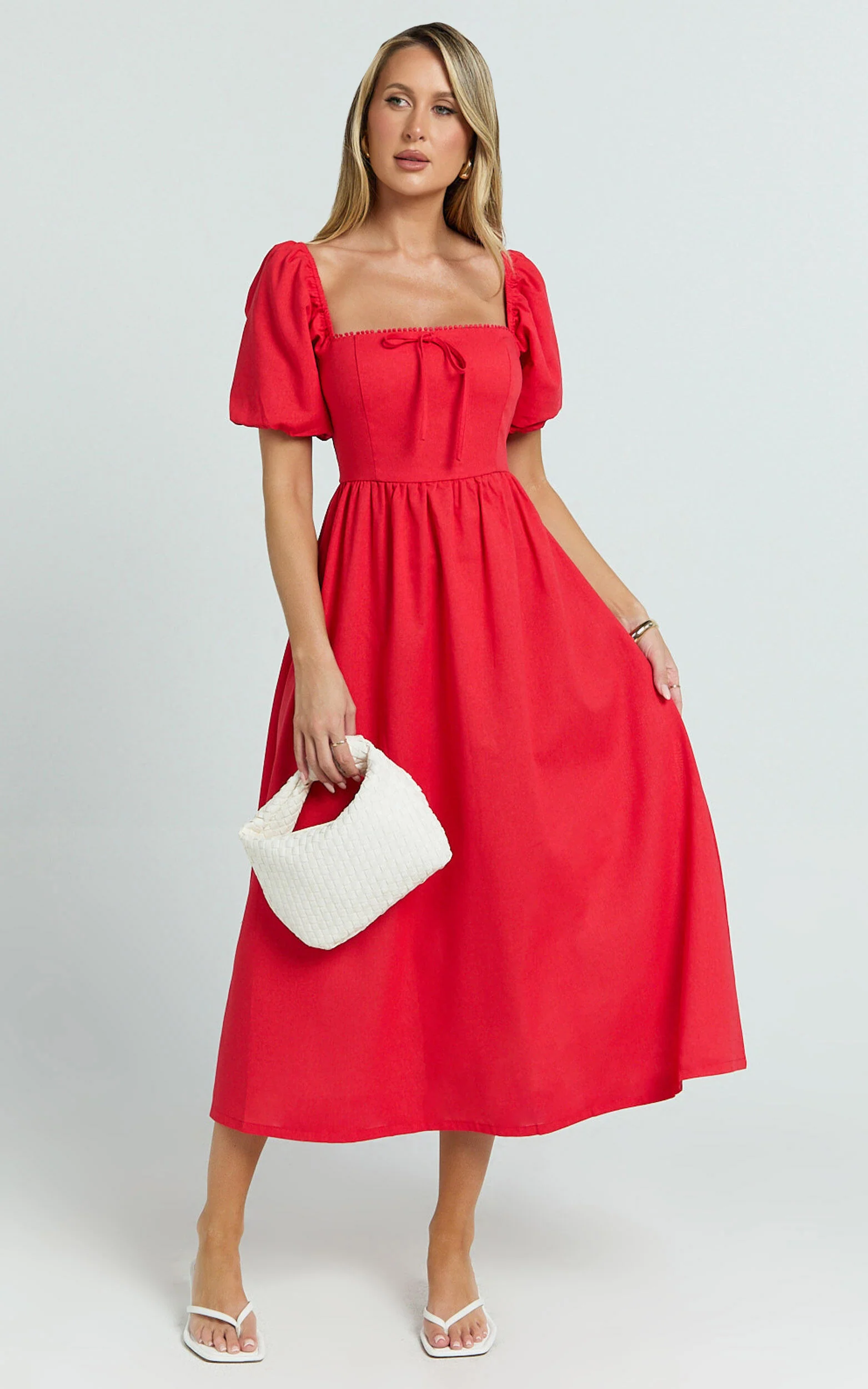 Quinn Midi Linen Dress - Puff Sleeve Square Neck Dress in Red