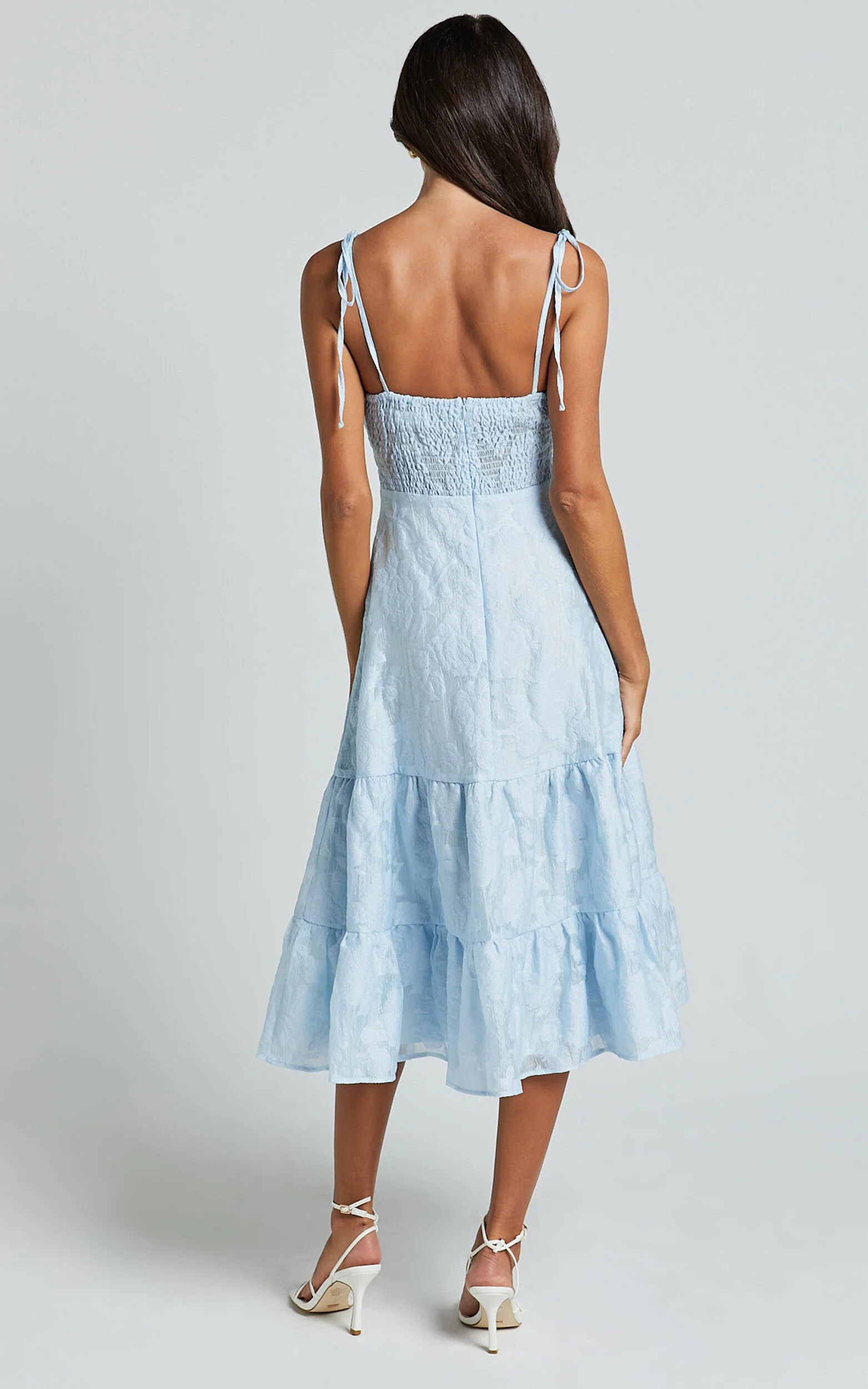 Jovena Midi Dress - Gathered Bodice Tiered Dress in Blue