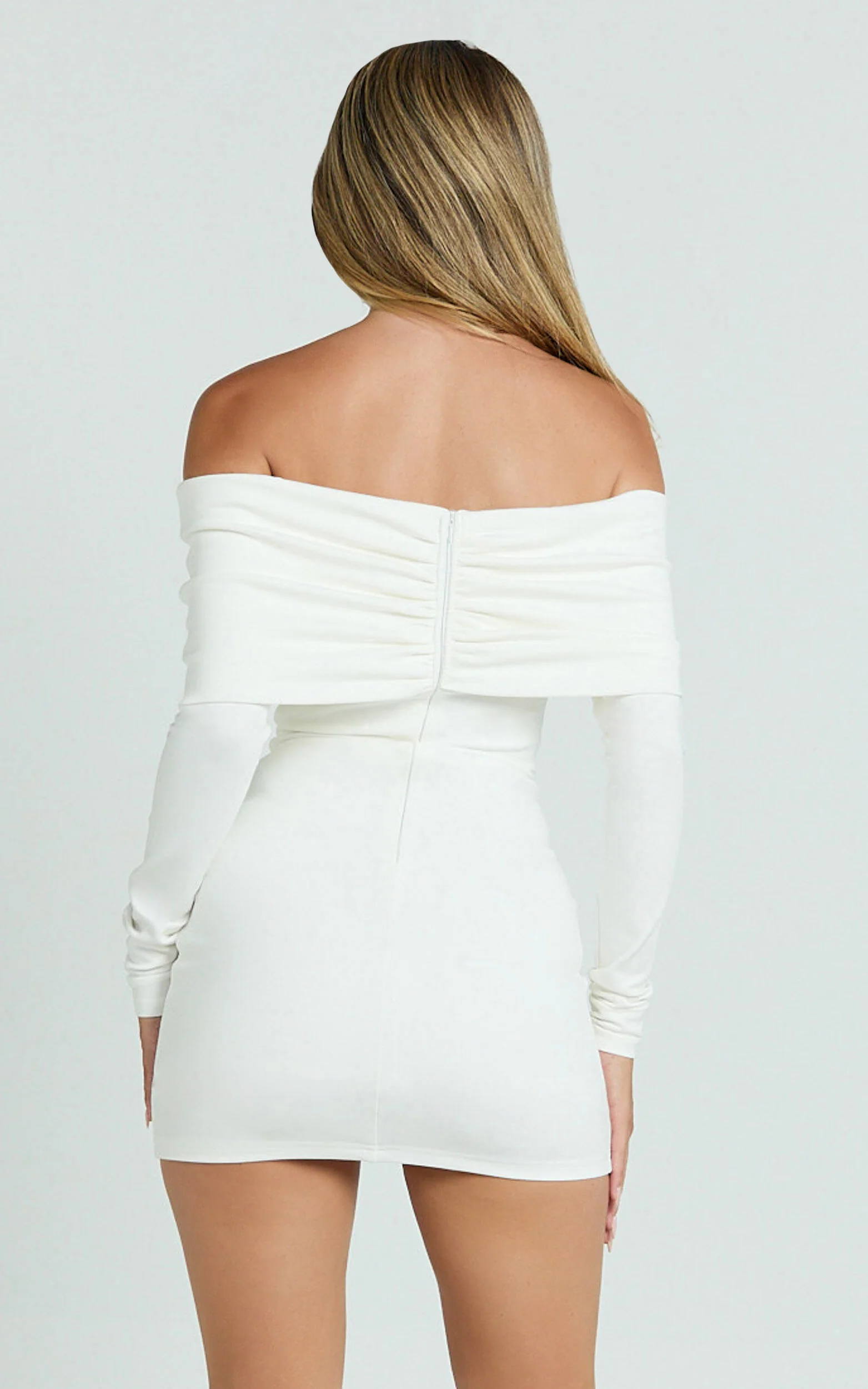 Rani Mini Dress - Off Shoulder Long Sleeve Bodycon Dress in Off White