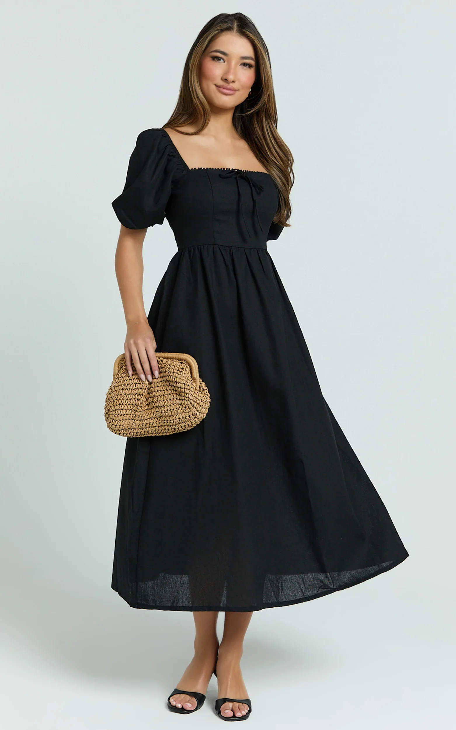 Quinn Midi Linen Blend Dress - Puff Sleeve Square Neck Dress in Black