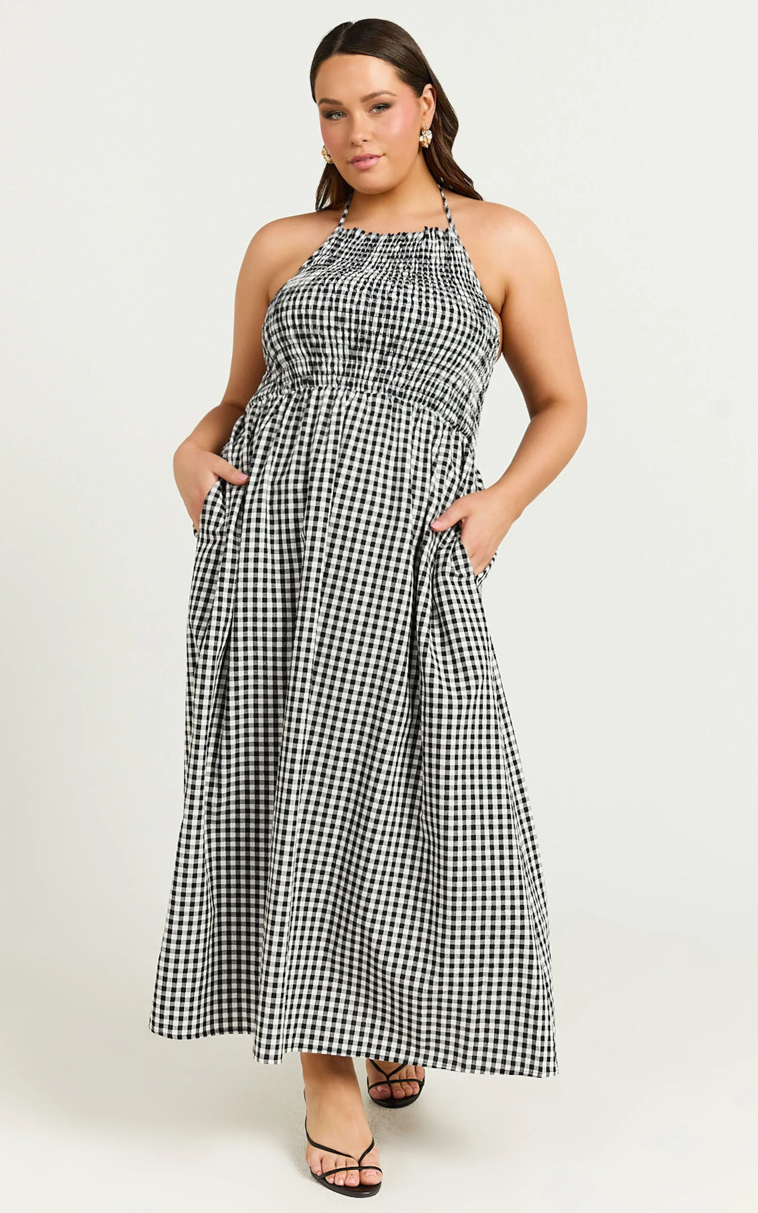 Aimie Midi Dress - Strappy Halter Neck Shirred Top in White Check