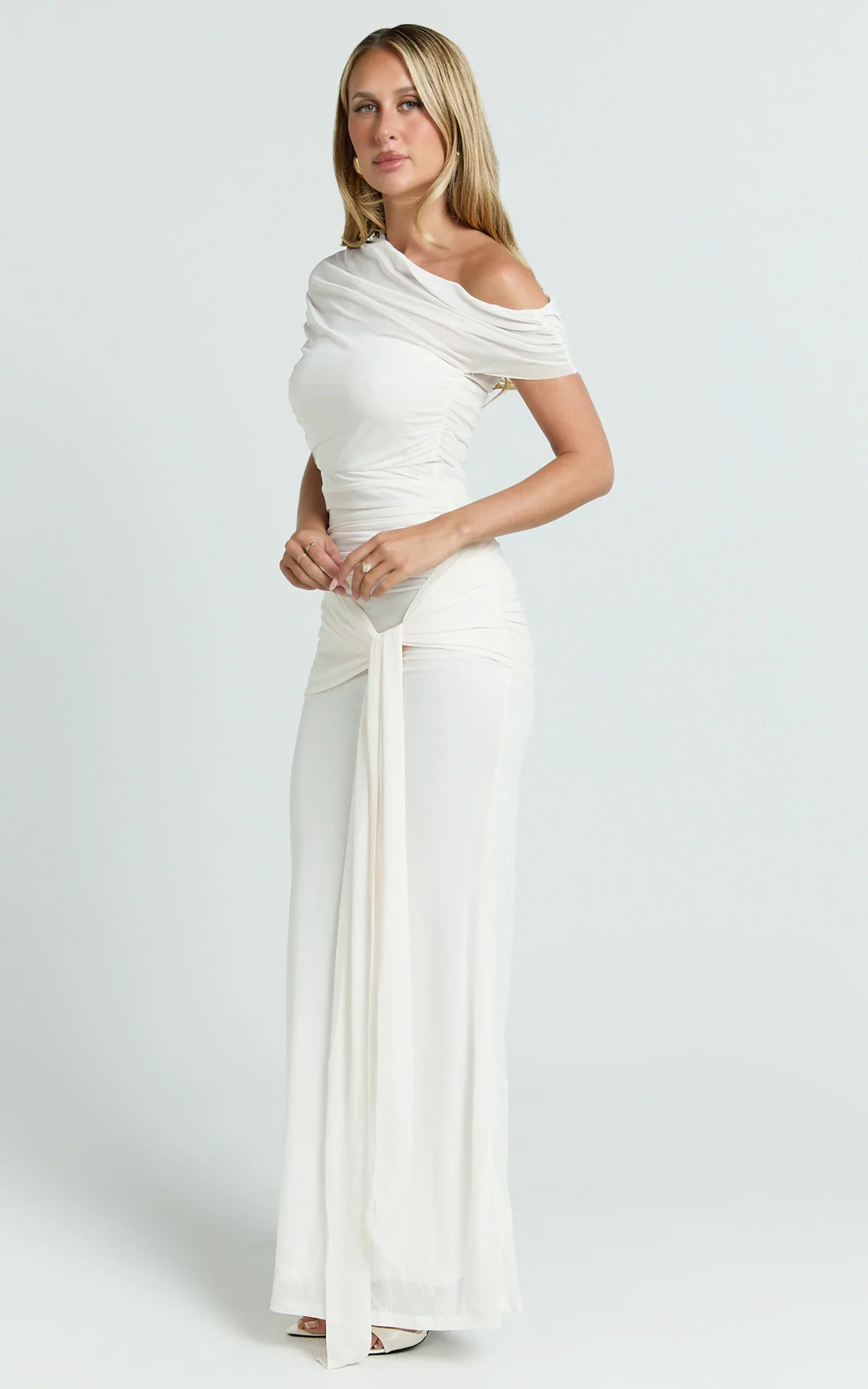 Nicolette Maxi Dress - Cape Sleeve Off Shoulder Dress in Cream