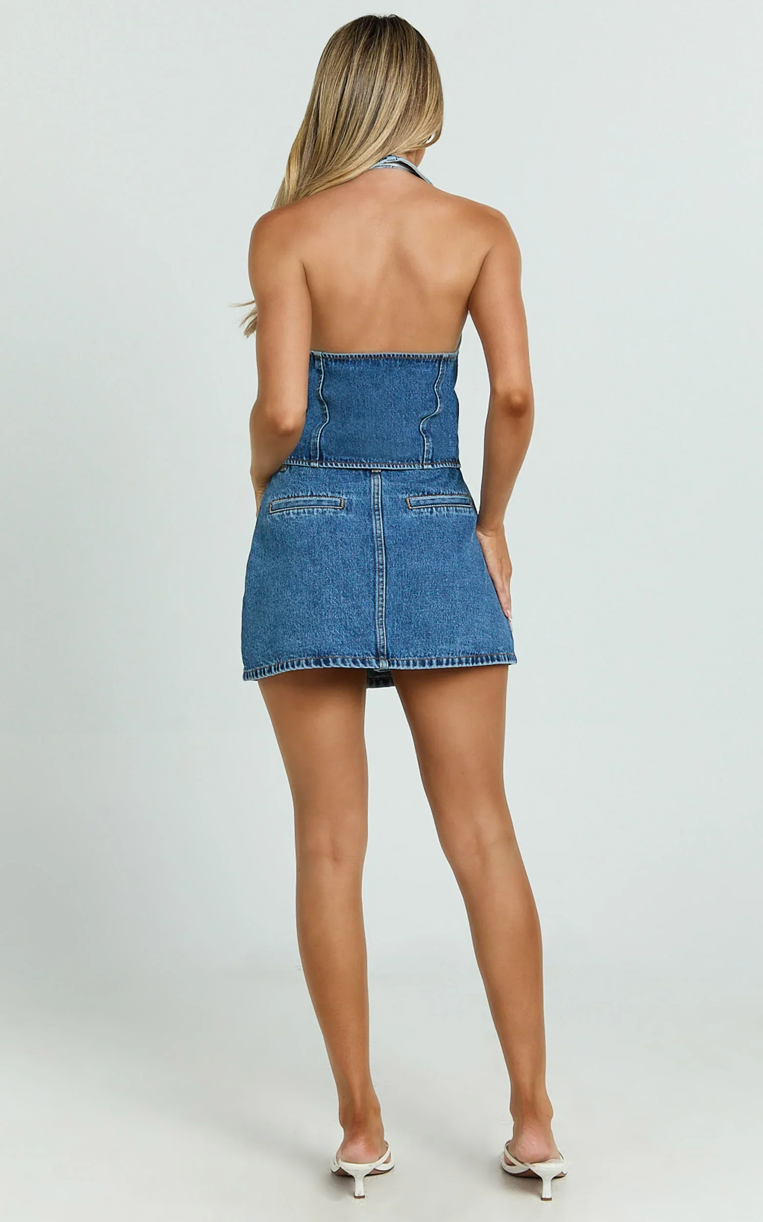 Walton Vest - Halter Neck Button Down Crop Recycled Denim Vest in Dark Blue Wash