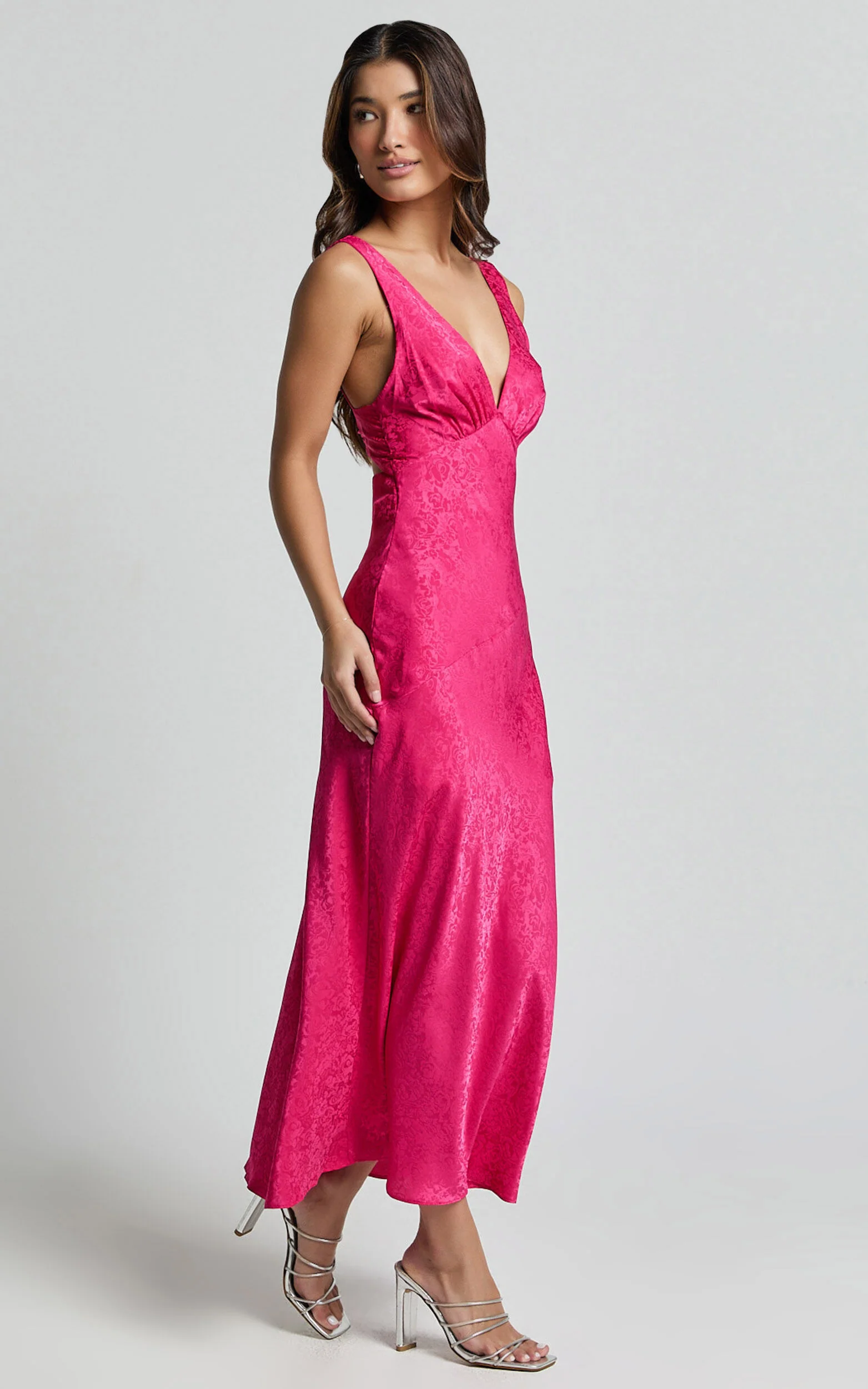 Cohen Midi Dress - Jacquard Satin Midi Dress in Pink