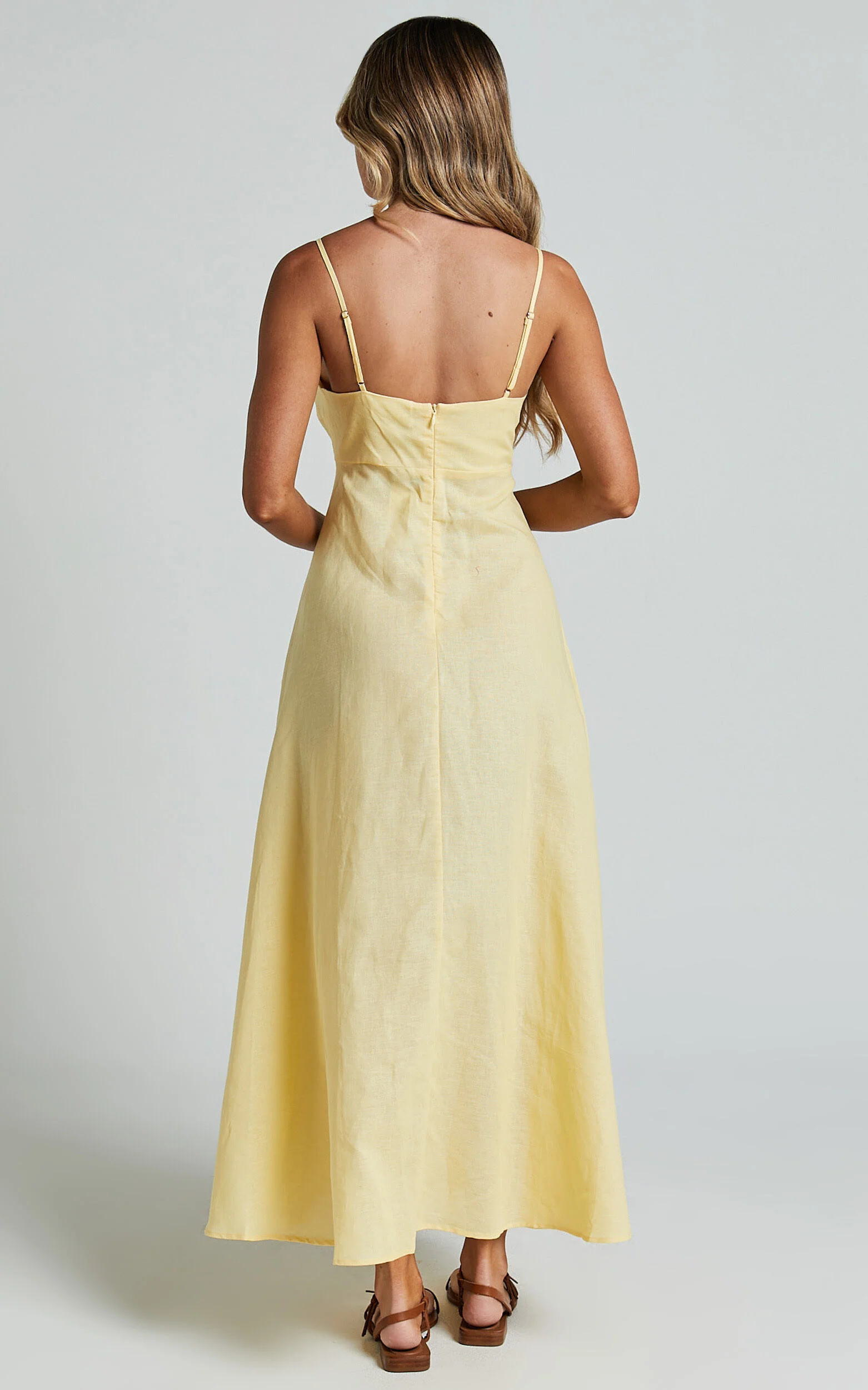 Brette Midi Dress - Linen Straight Neck Strappy Fit And Flare Dress in Lemon