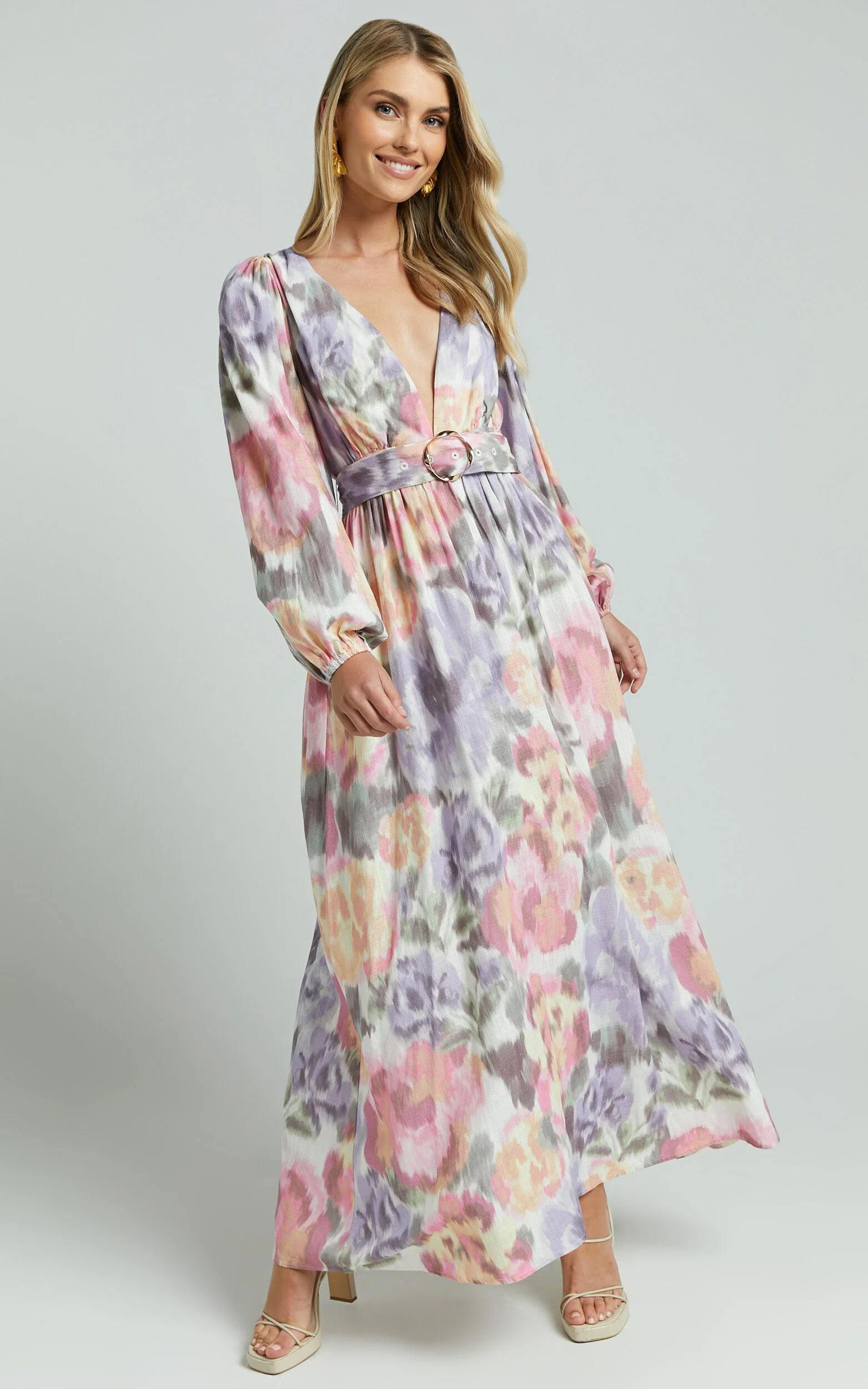 Amalie The Label - Lily Linen Blend V Neck Long Puff Sleeve Tie Back Maxi Dress in Montreuil Print