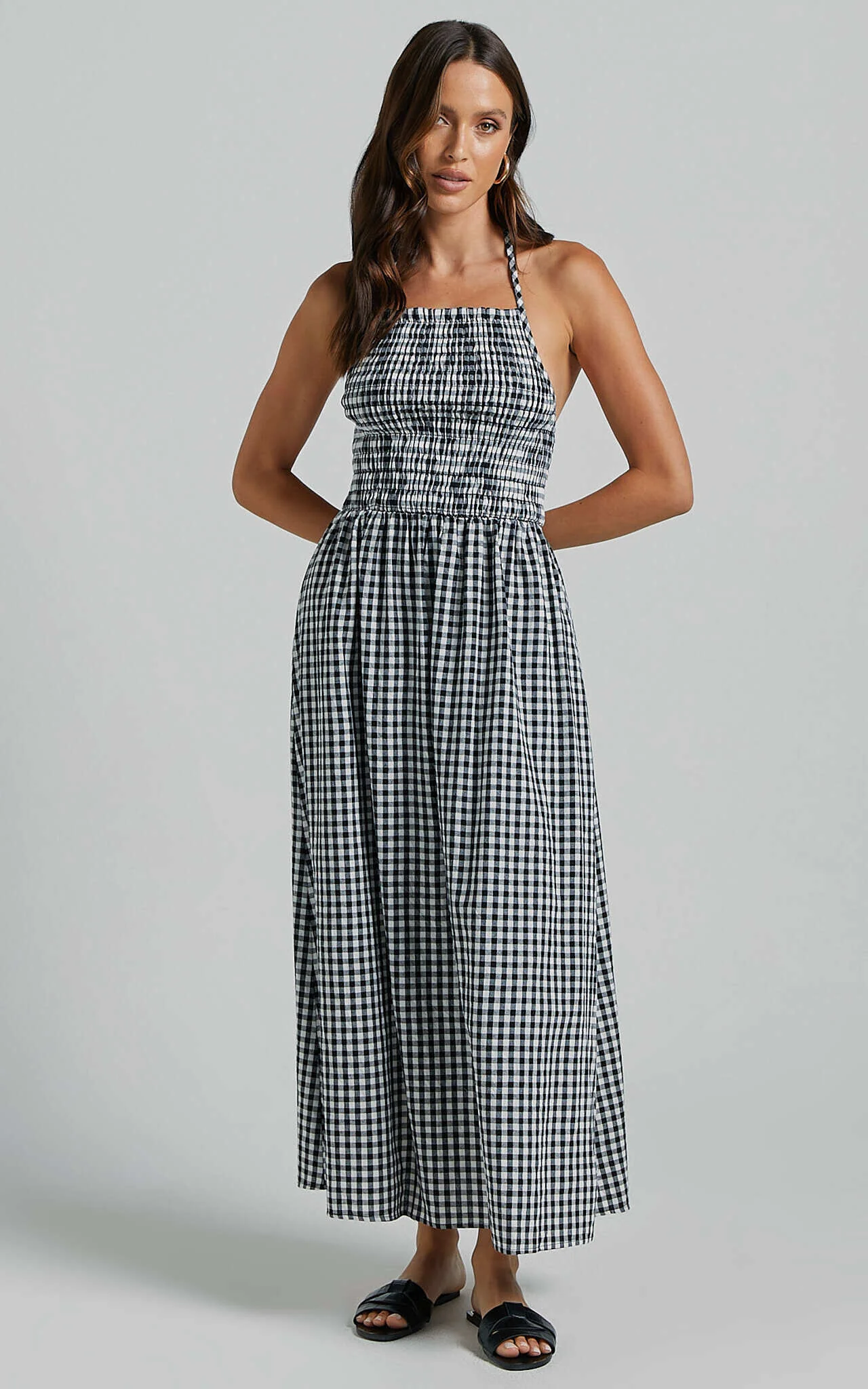 Aimie Midi Dress - Strappy Halter Neck Shirred Top in White Check