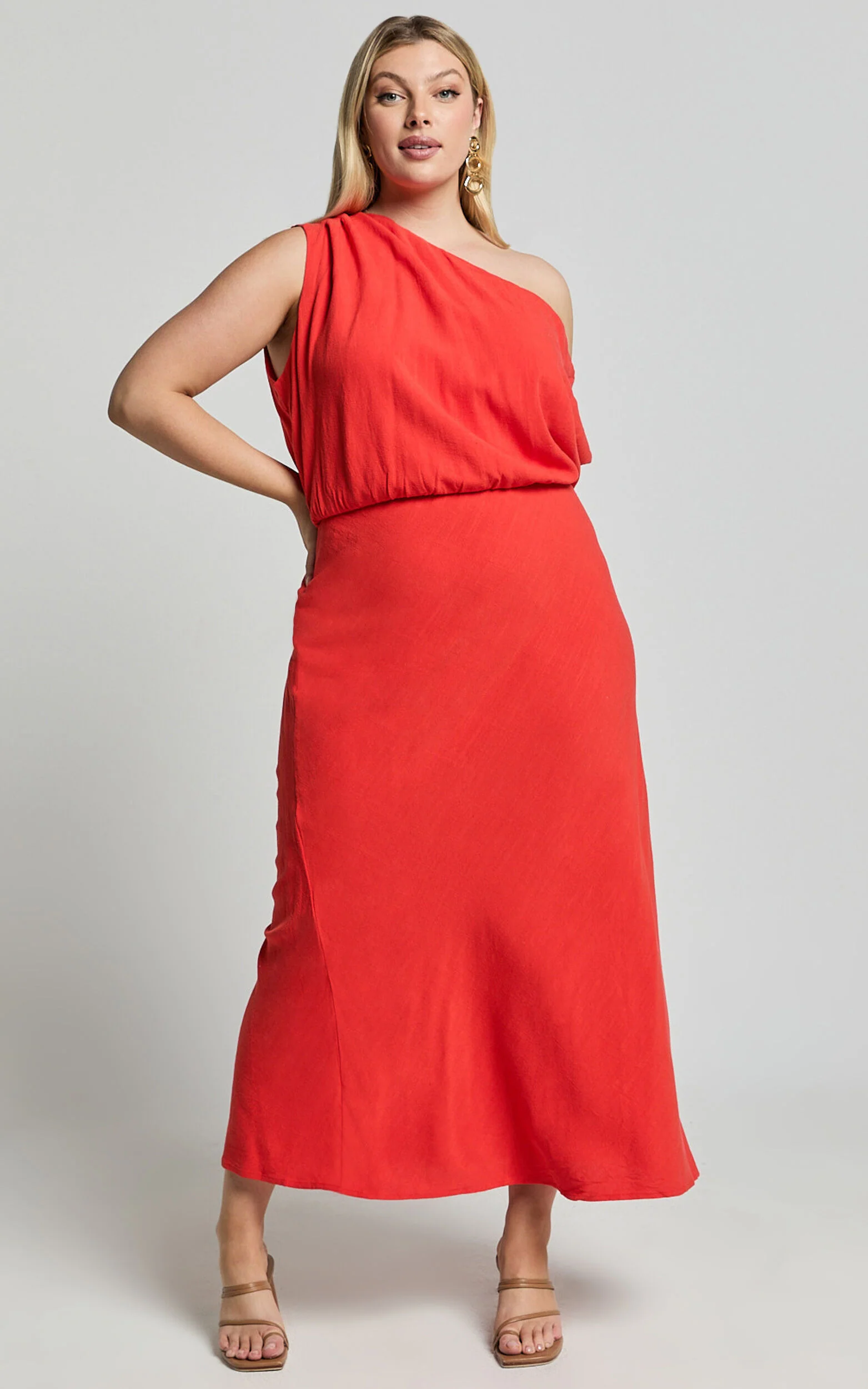 Jacqueline Midi Dress - Linen One Shoulder Dress in Sunset