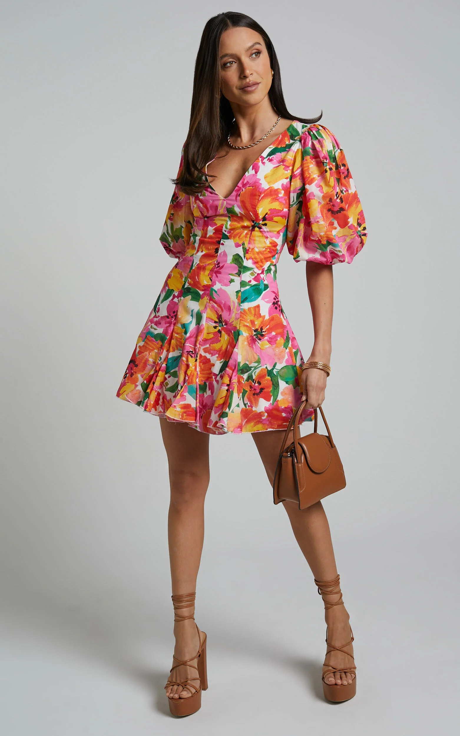Shairah Mini Dress - V Neck Puff Sleeve Flutter Hem Dress in In Bloom