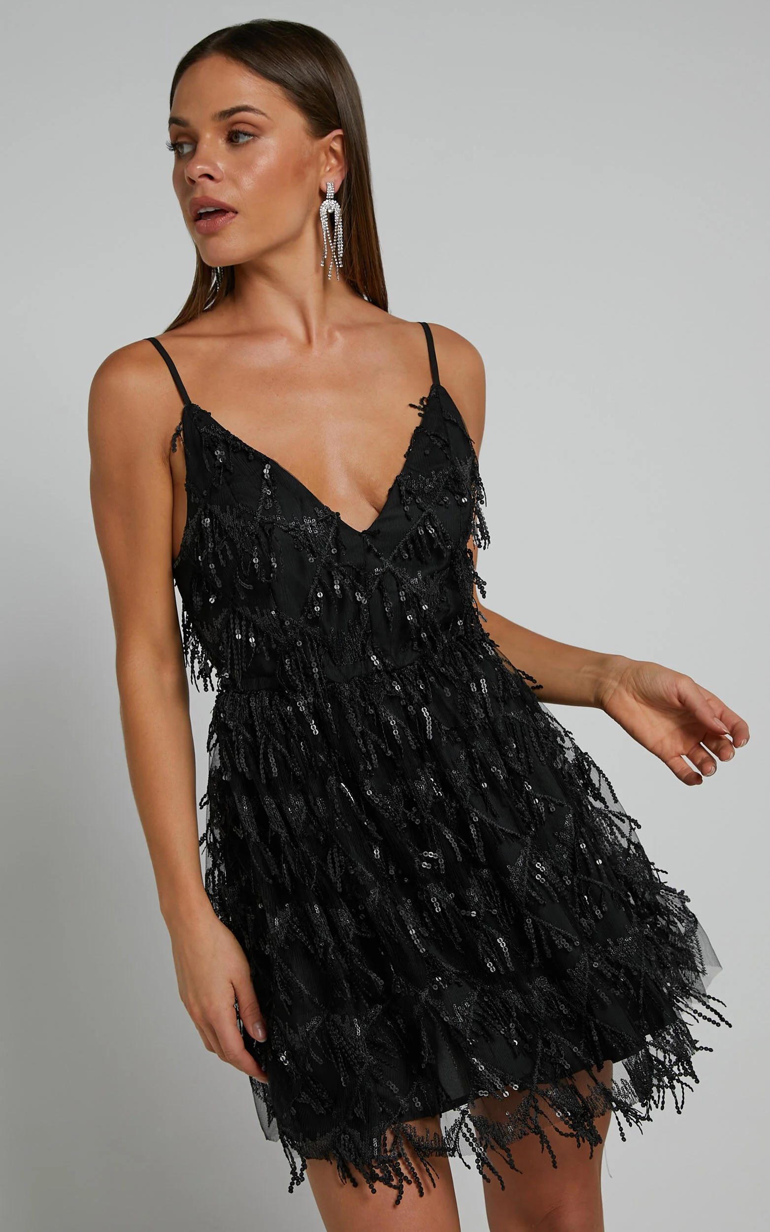 Khrizza Mini Dress - Sequin Gathered Dress in Black