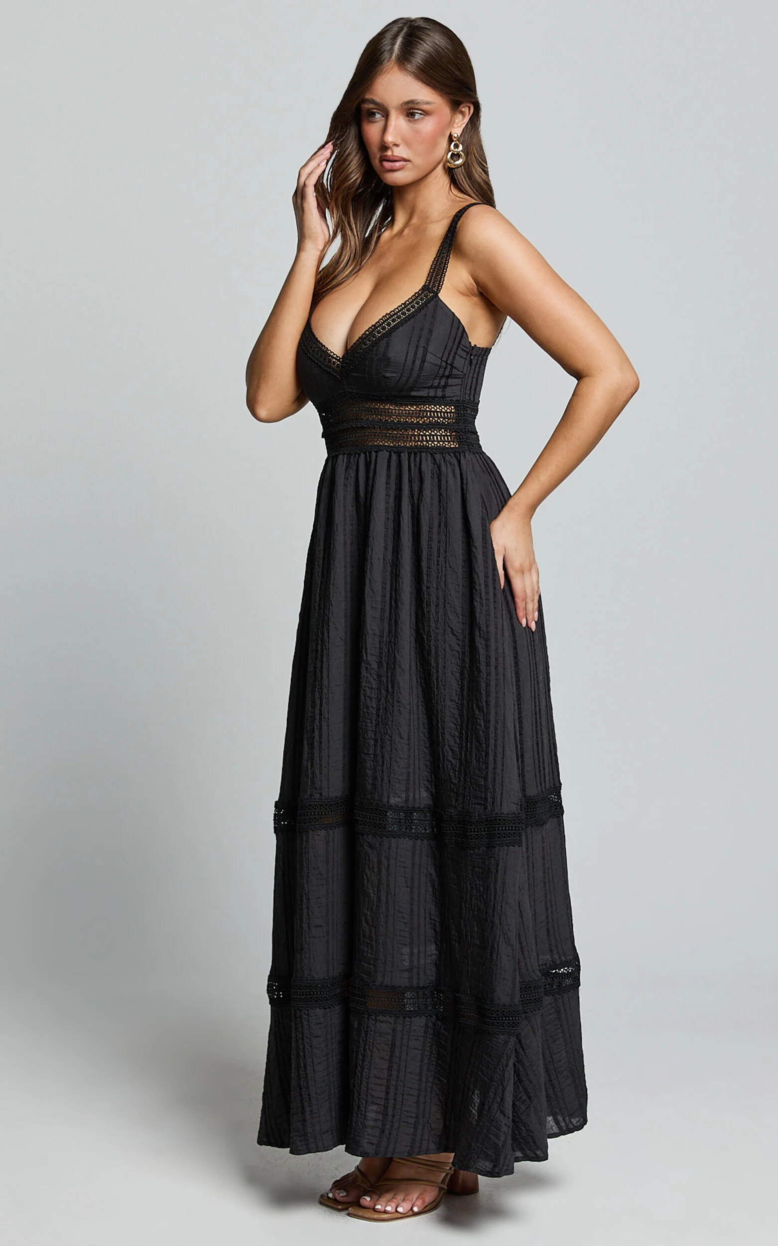 Angelique Maxi Dress - Lace Trim Dress in Black