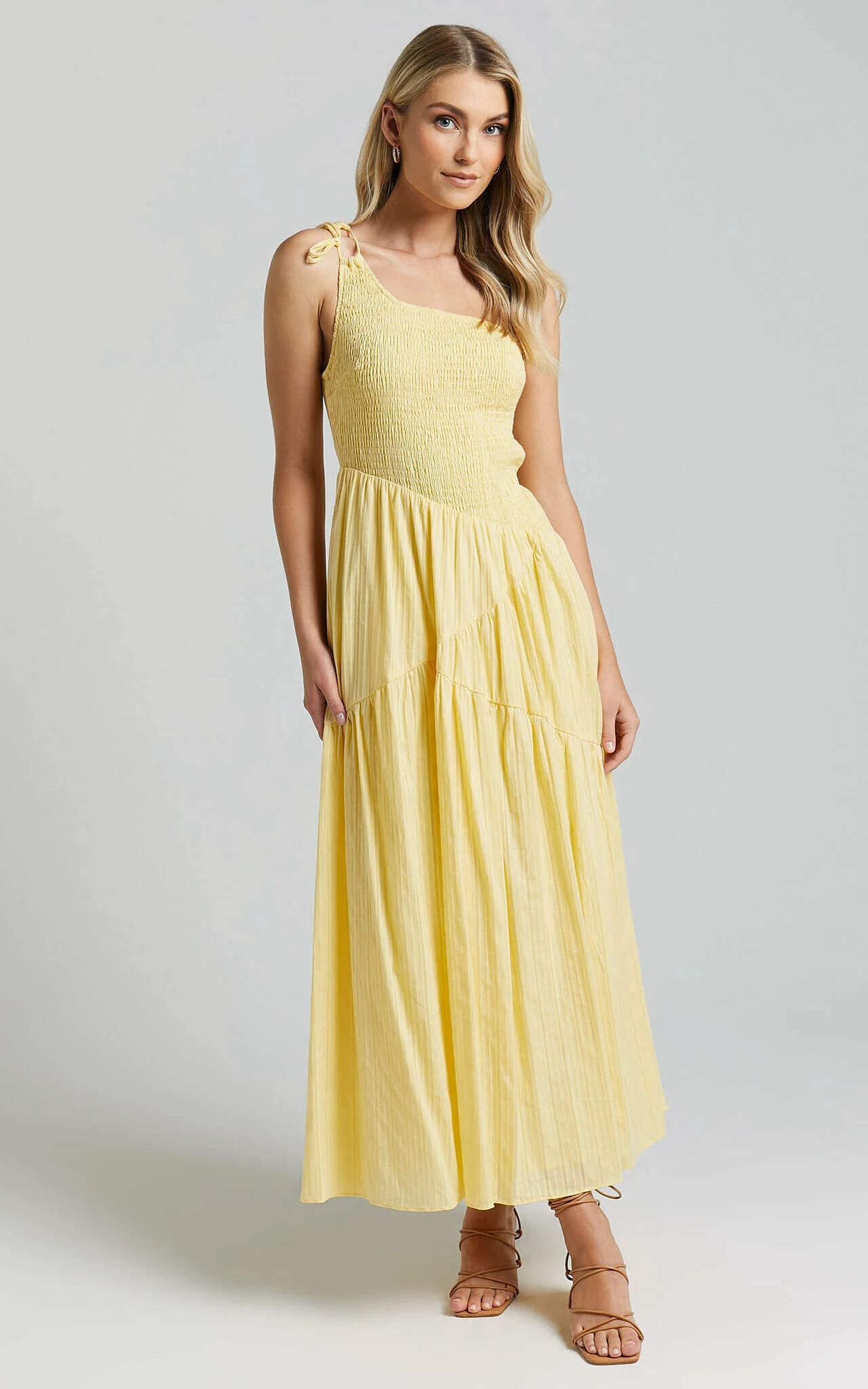 Zhibet Midi Dress - One Shoulder Tie Fit and Flare Dress in Yellow