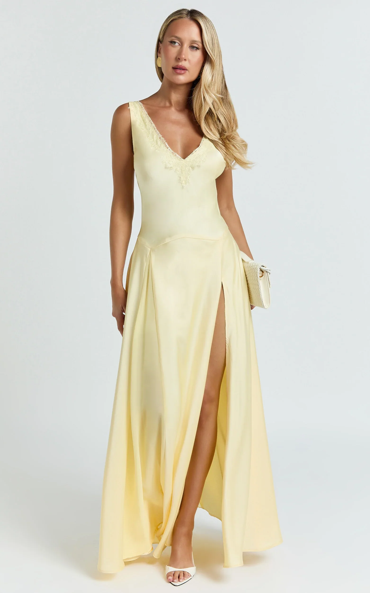 Darlene Maxi Dress - Lace Trim Drop Waist Dress in Lemon