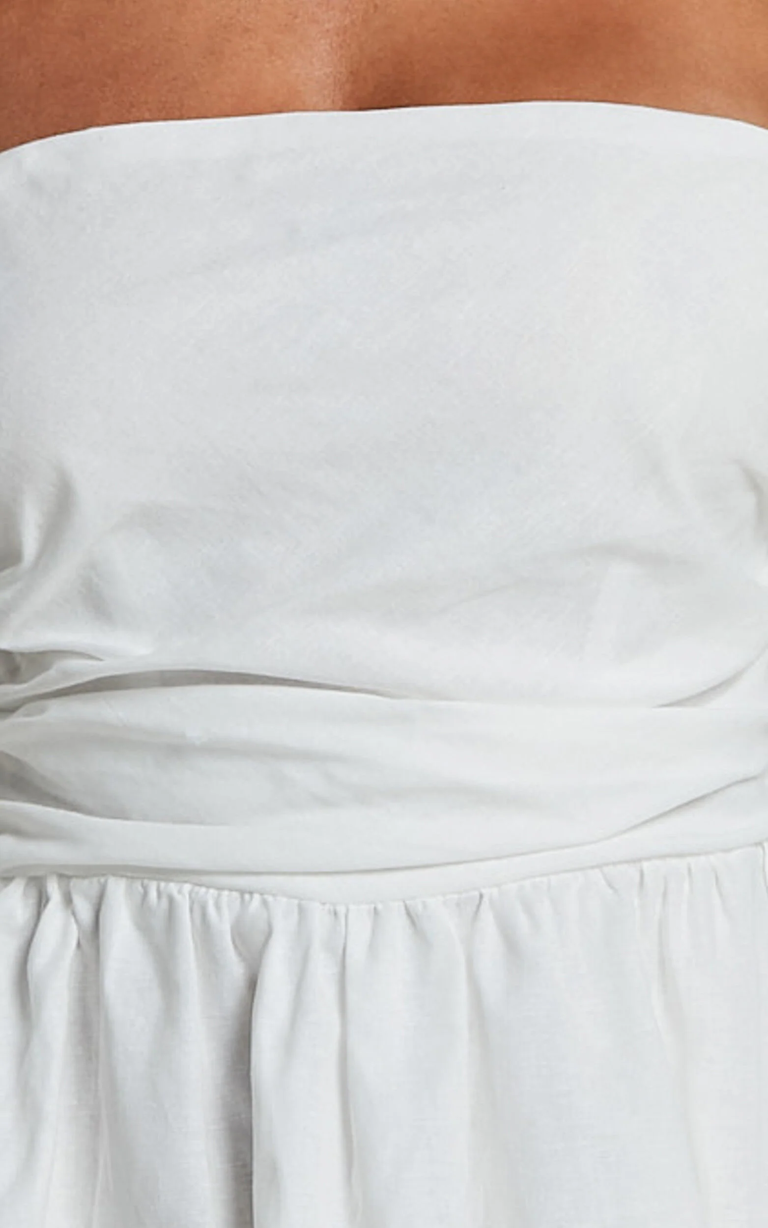 Claudina Mini Dress - Linen Look Puff Sleeve Ruched Bodice Dress in White