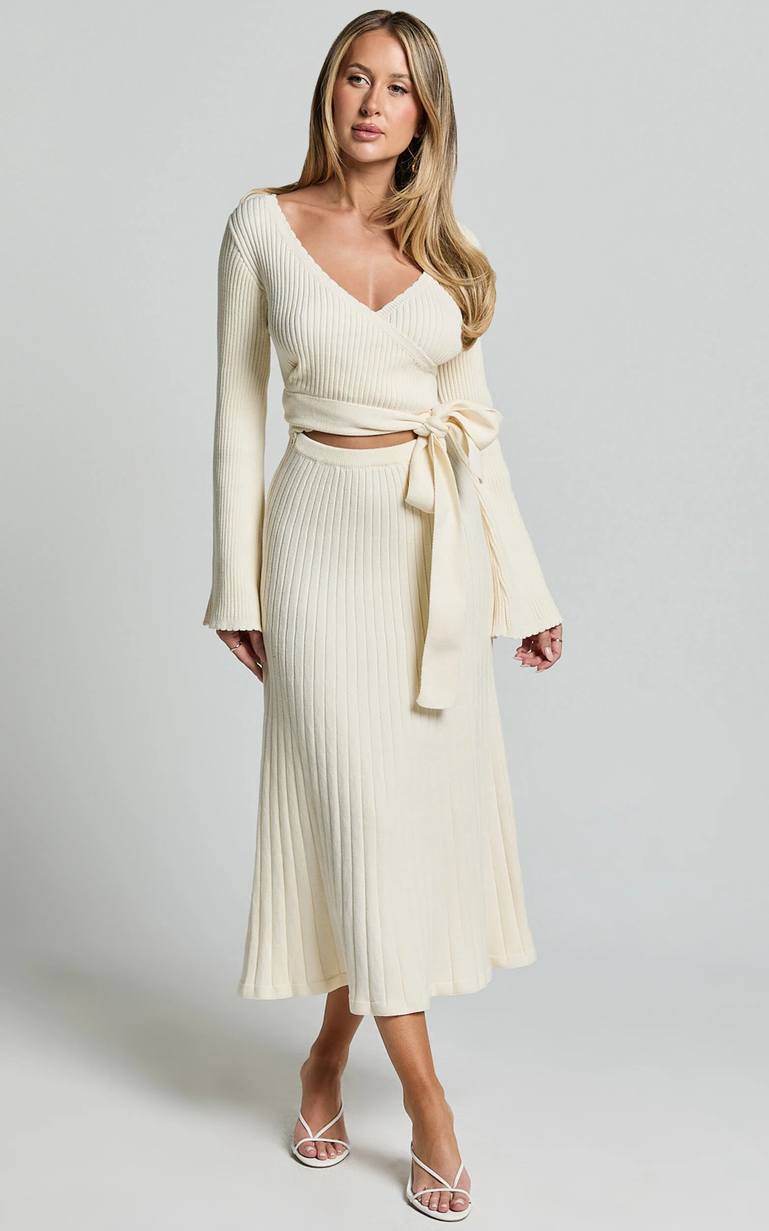 Andreia Midi Dress - Knitted Wrap Long Sleeve Dress in Cream