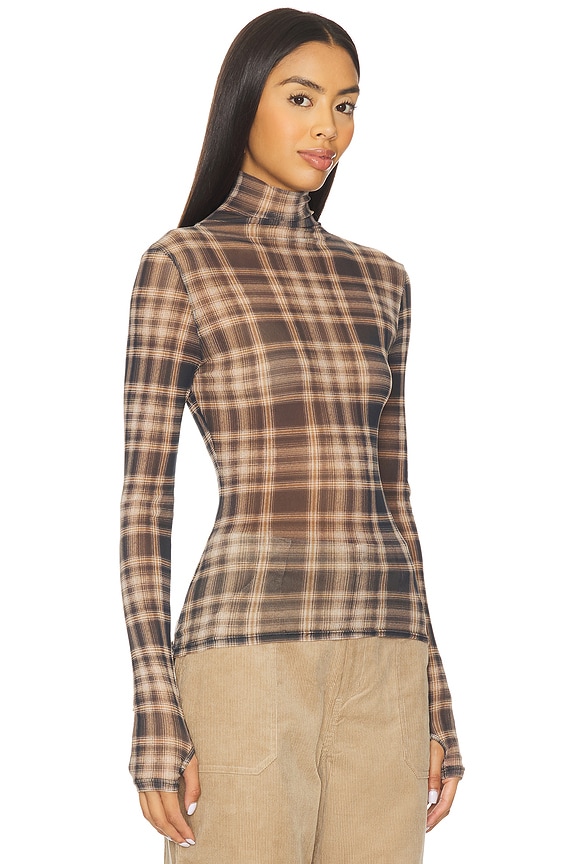Plaid Mesh Long Sleeve Turtleneck Top